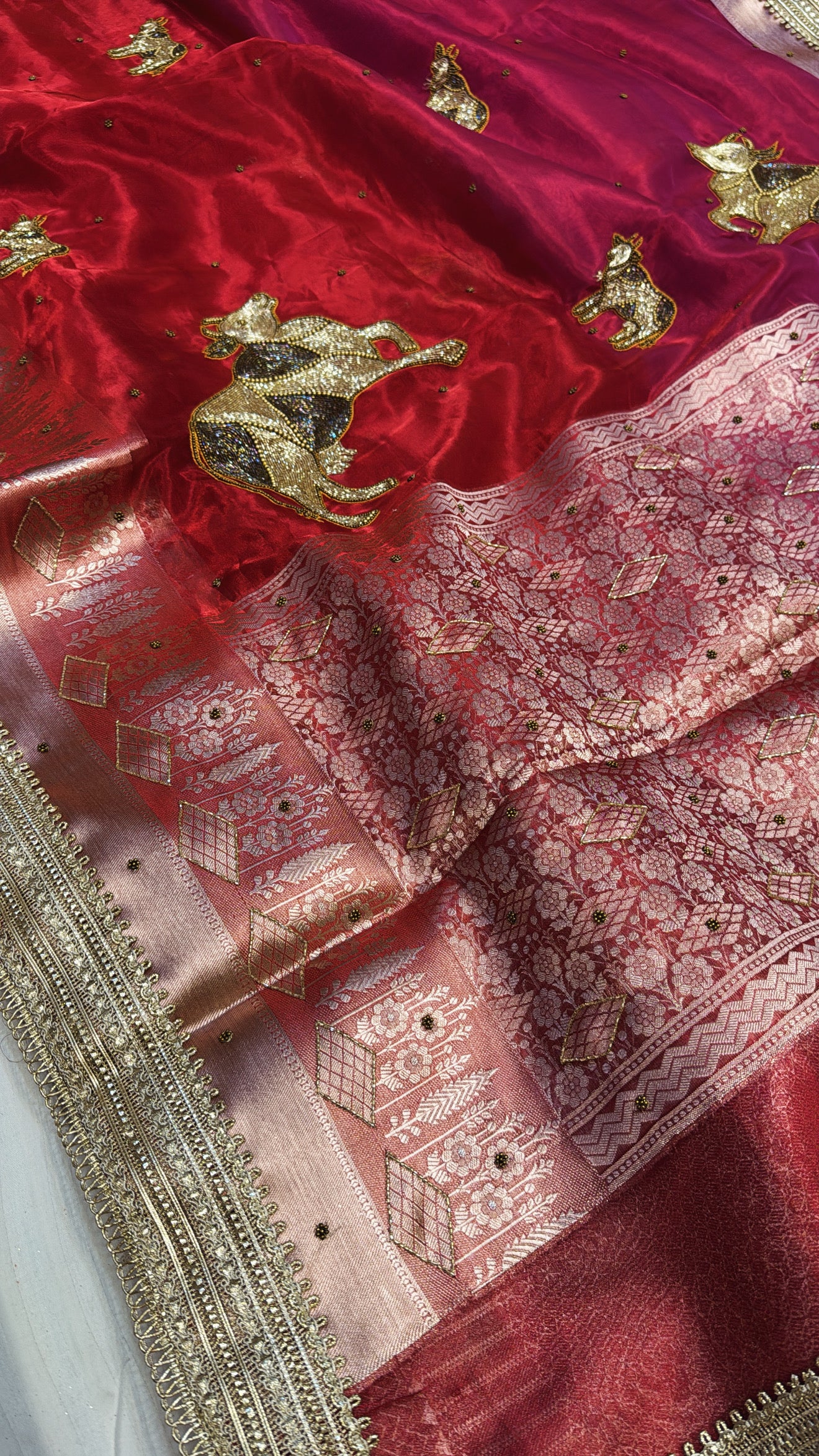 Red special - Husn hot red nandi motif tissue silk hand embroidered kadhwa saree