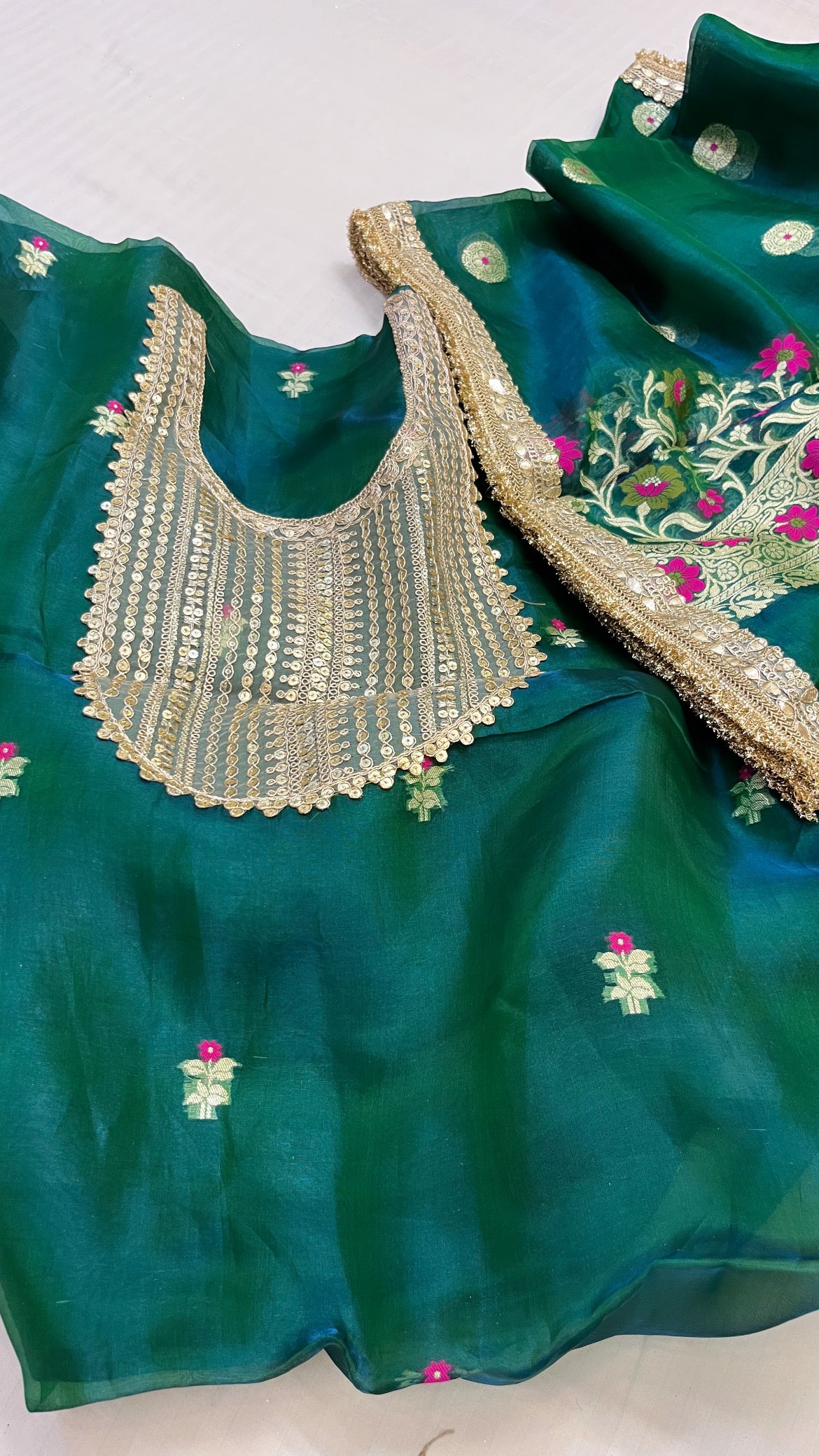 Heeramandi peacock greenish-blue dhup chao effect tissue silk meenakari suit set