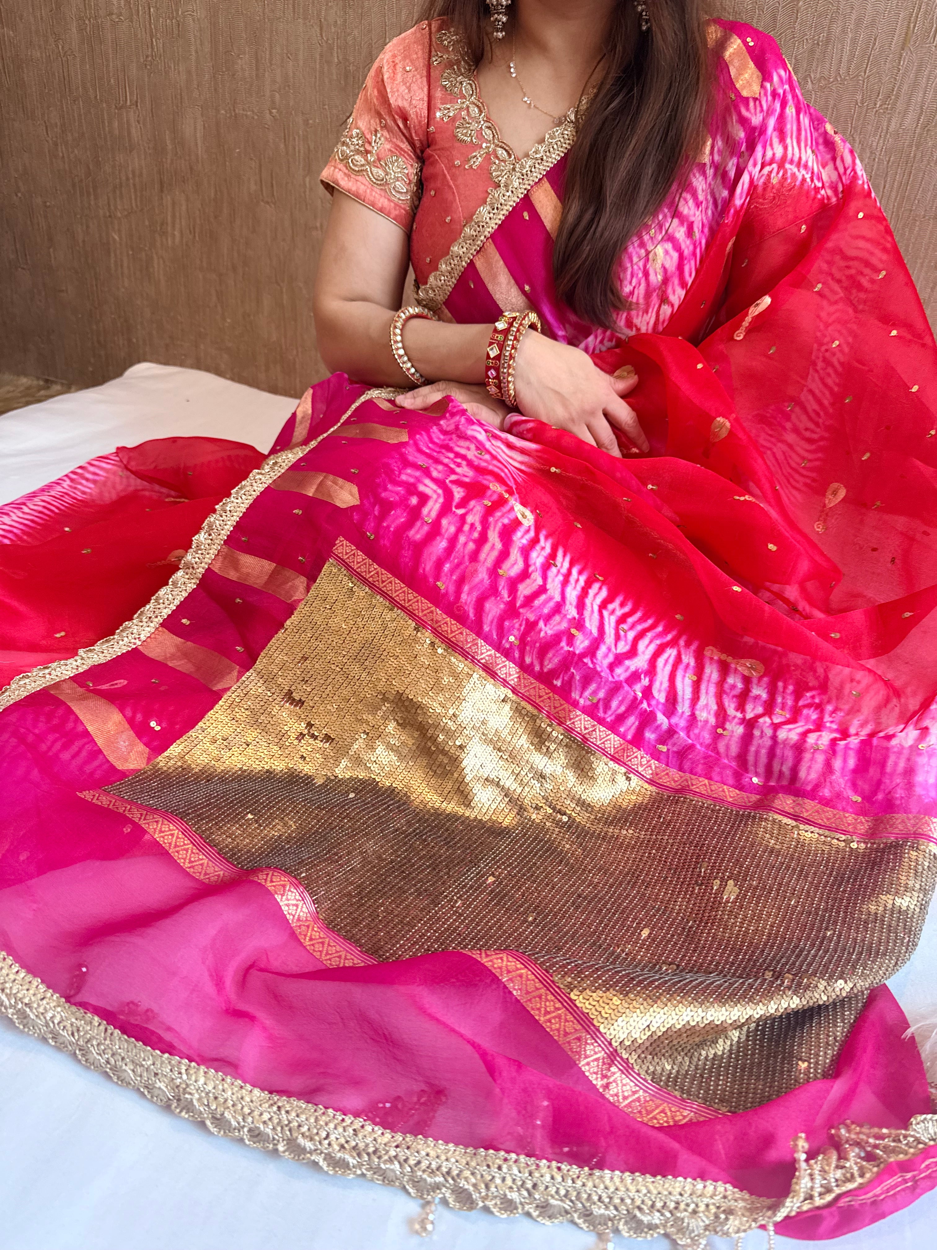 Shibori dye kora silk salma sitara work hand embroidered sequins saree