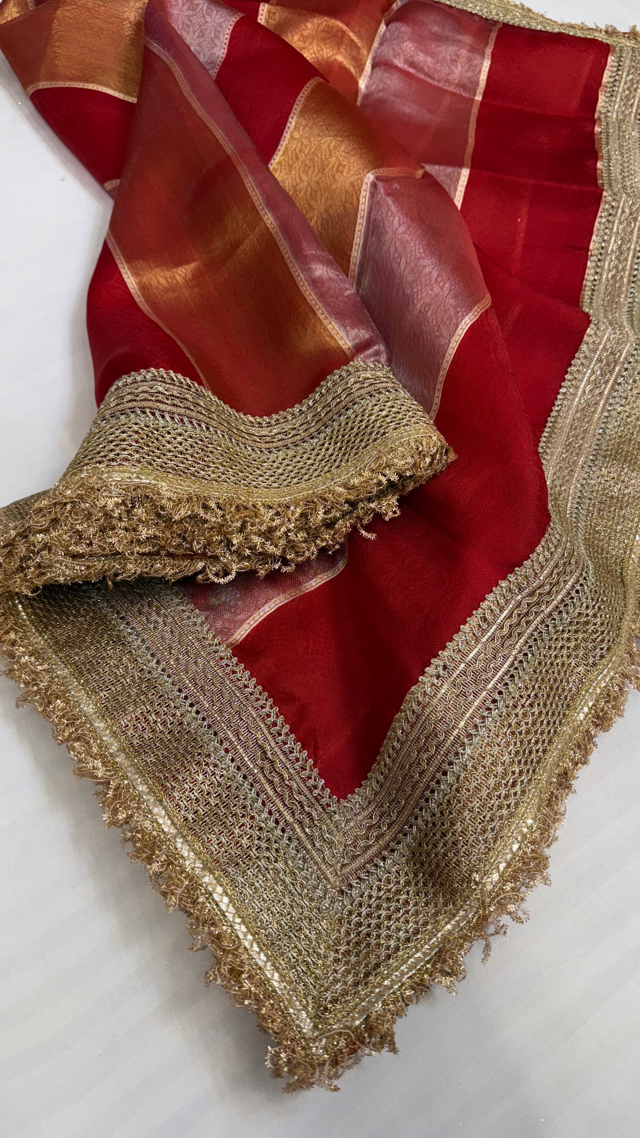 Maharani blood red tissue silk striped kadhwa saree