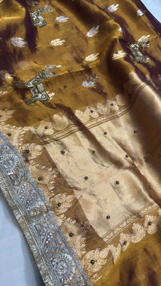 Varmala wali saree - Kanjivaram purple deer motif heavy hand embroidered tissue silk saree