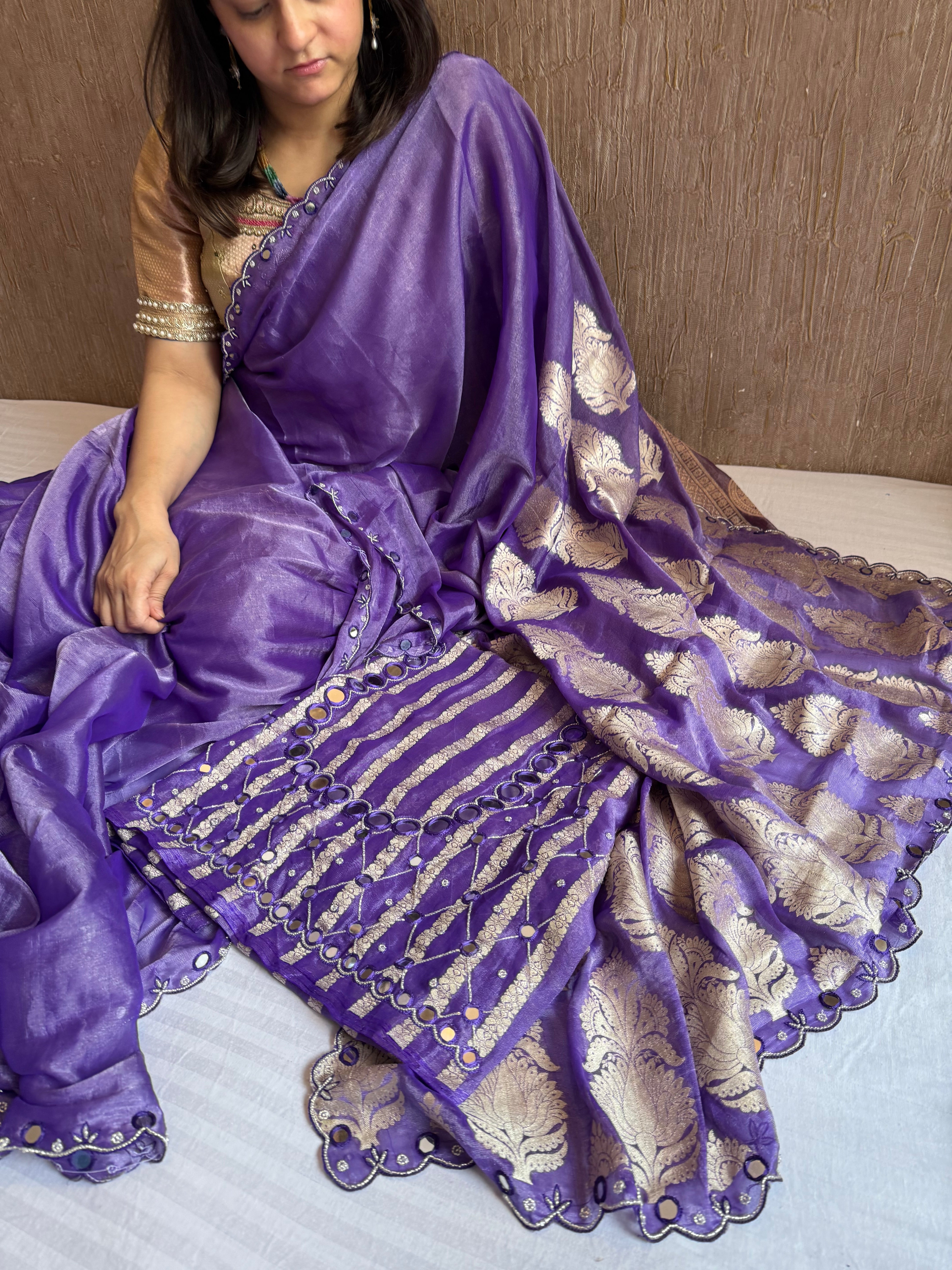 Bright royal purple tissue gorgette kadhwa mirror work hand embroidered saree