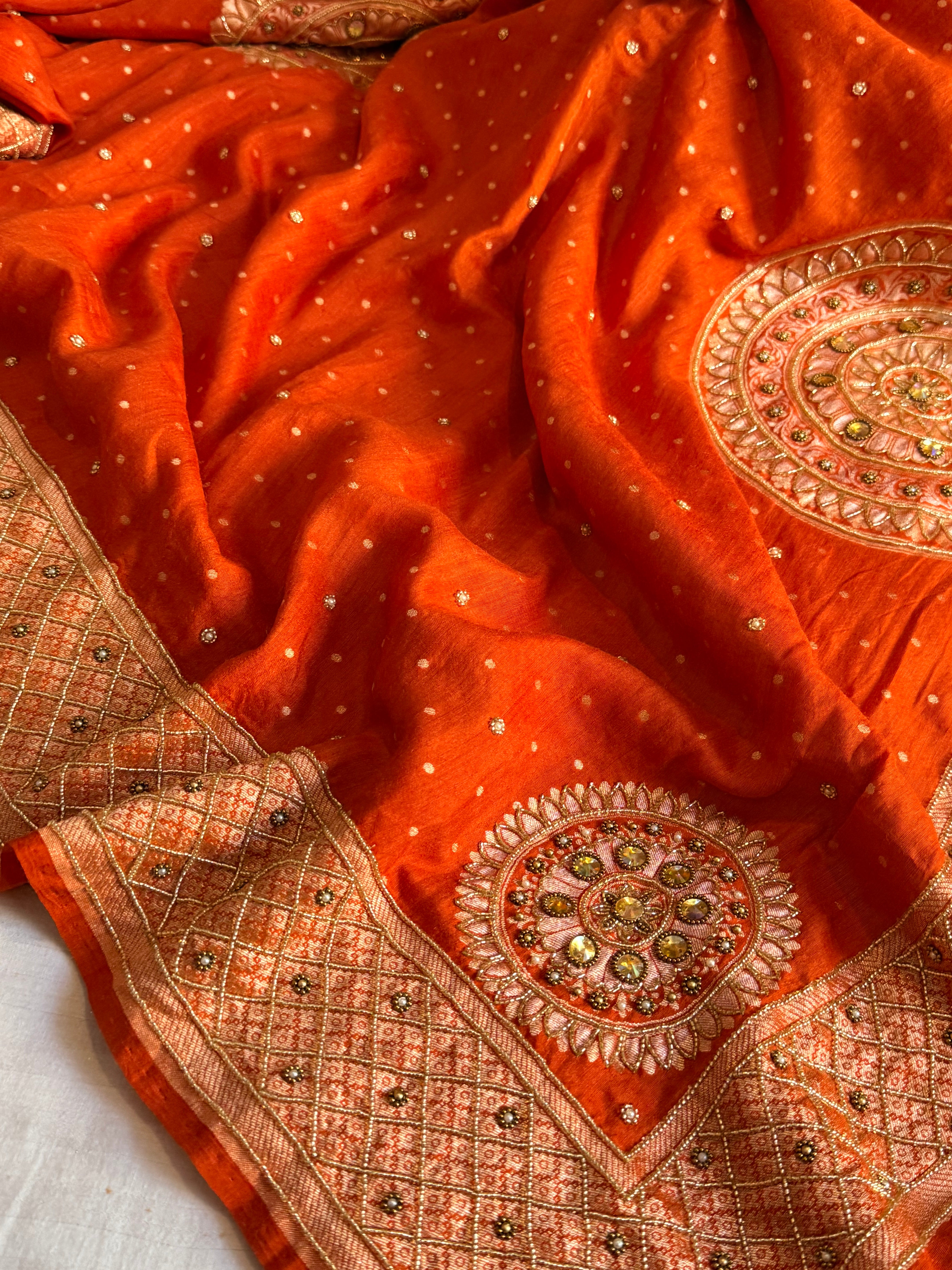 Banarasi fanta orange moonga silk hand embroidered kadhwa saree