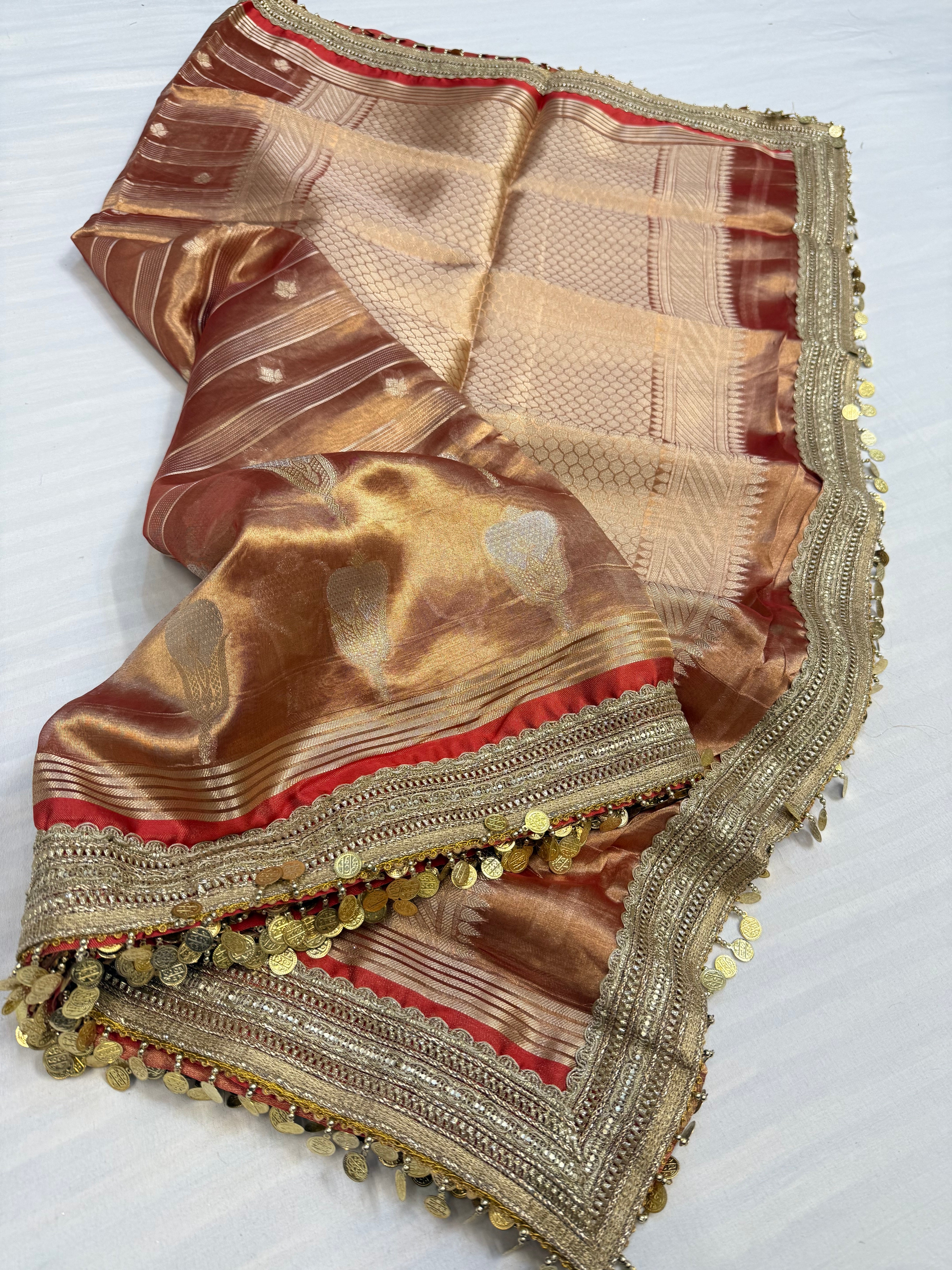 Rustic red maharani tissue silk kadhwa buti saree