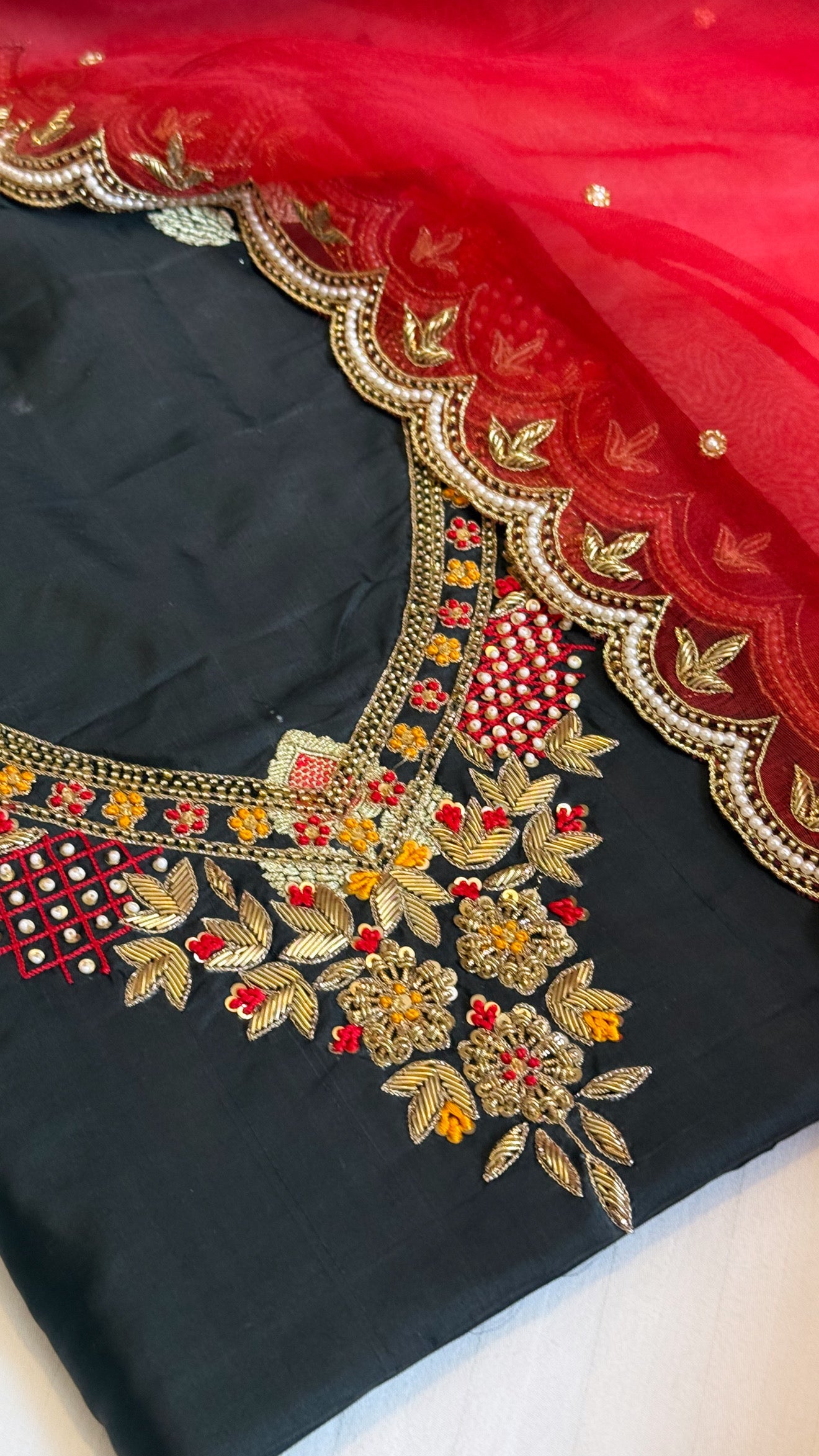 Blood red - black shade katan silk hand embroidered kurta paired with kora silk zardozi duppata