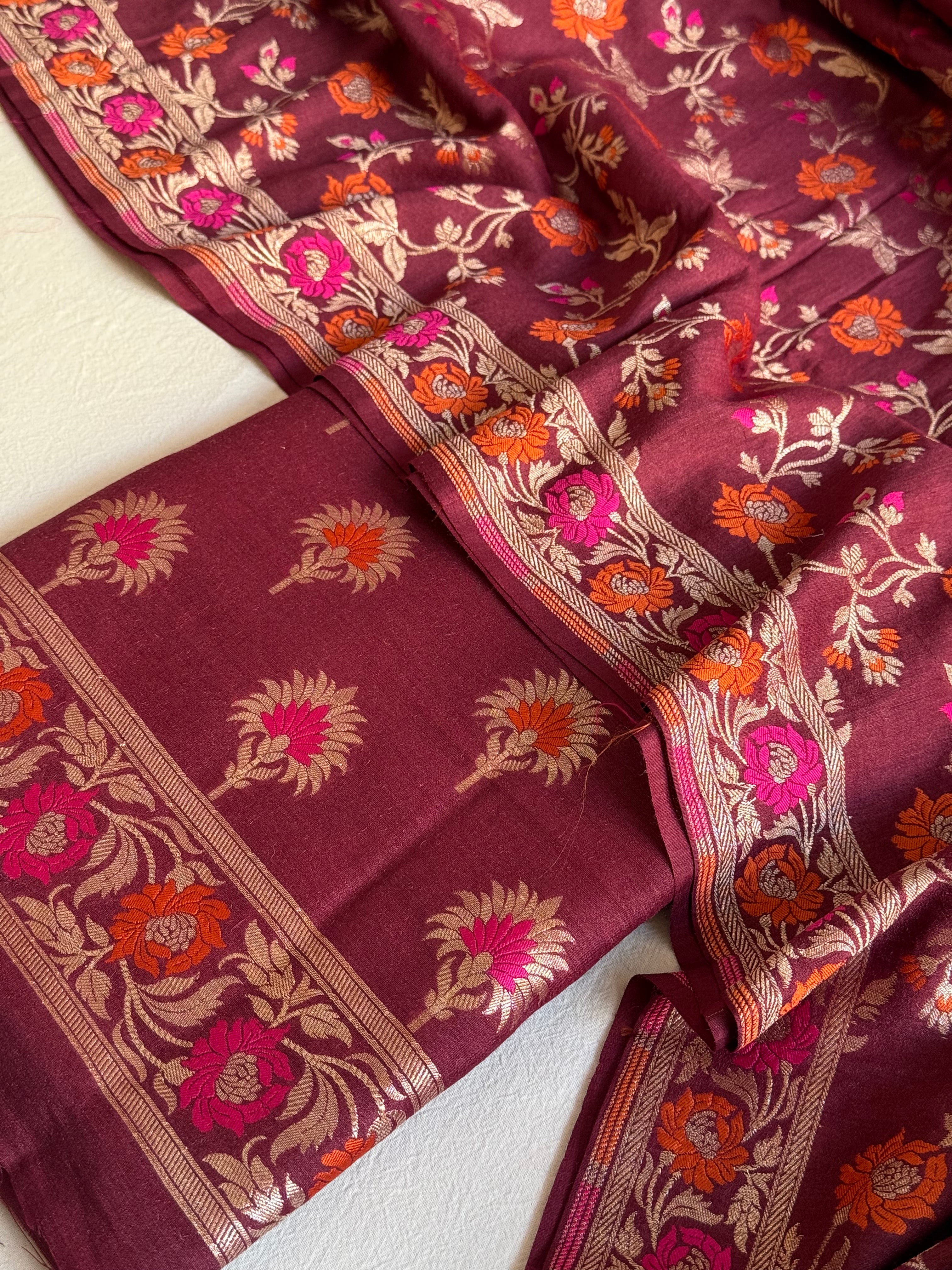 Moonga silk maroonish red meenakari kadhwa jaal suit set