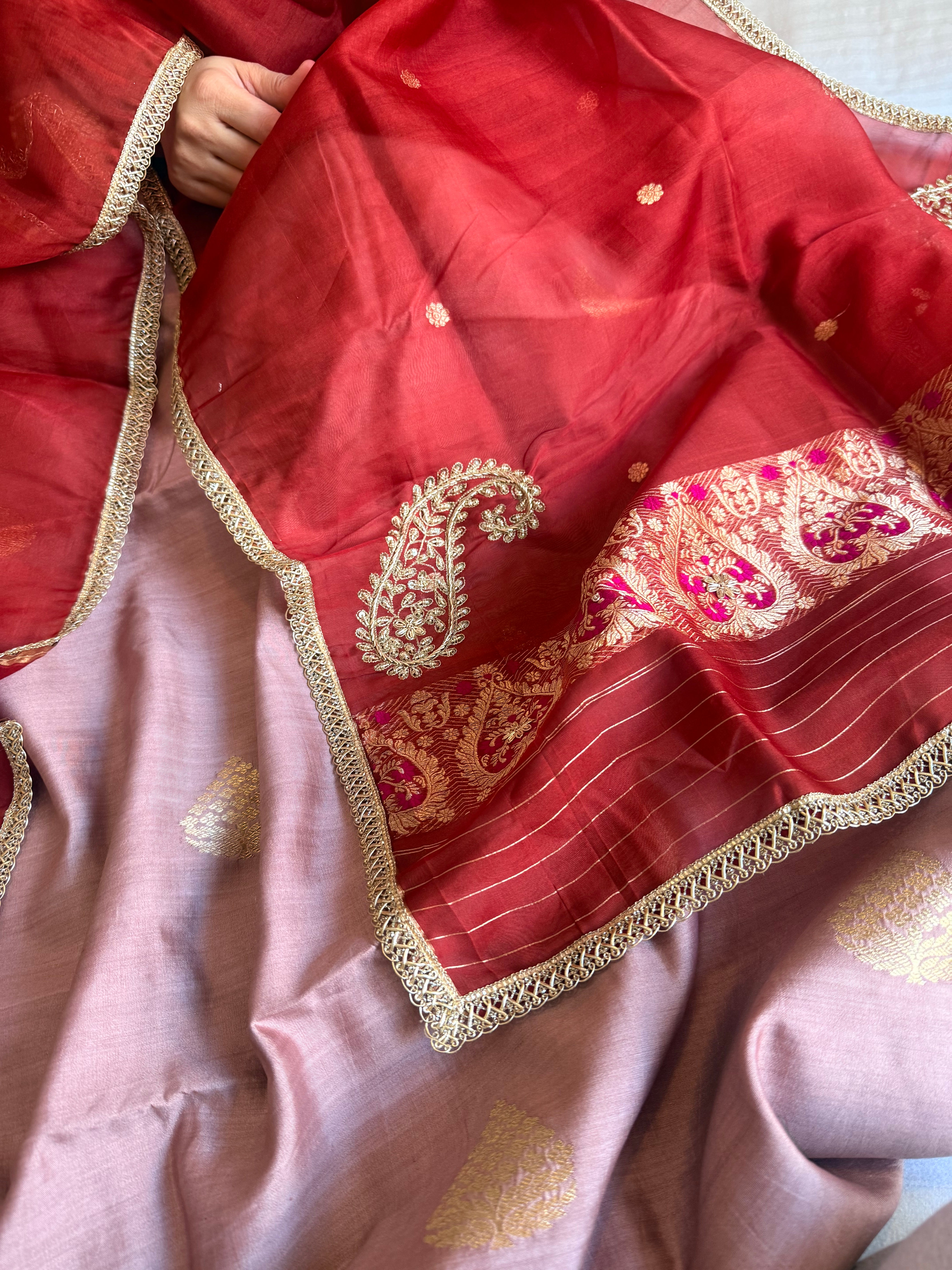 Rose gold - red chiniya silk kadhwa buta kurta paired with kora silk red duppata