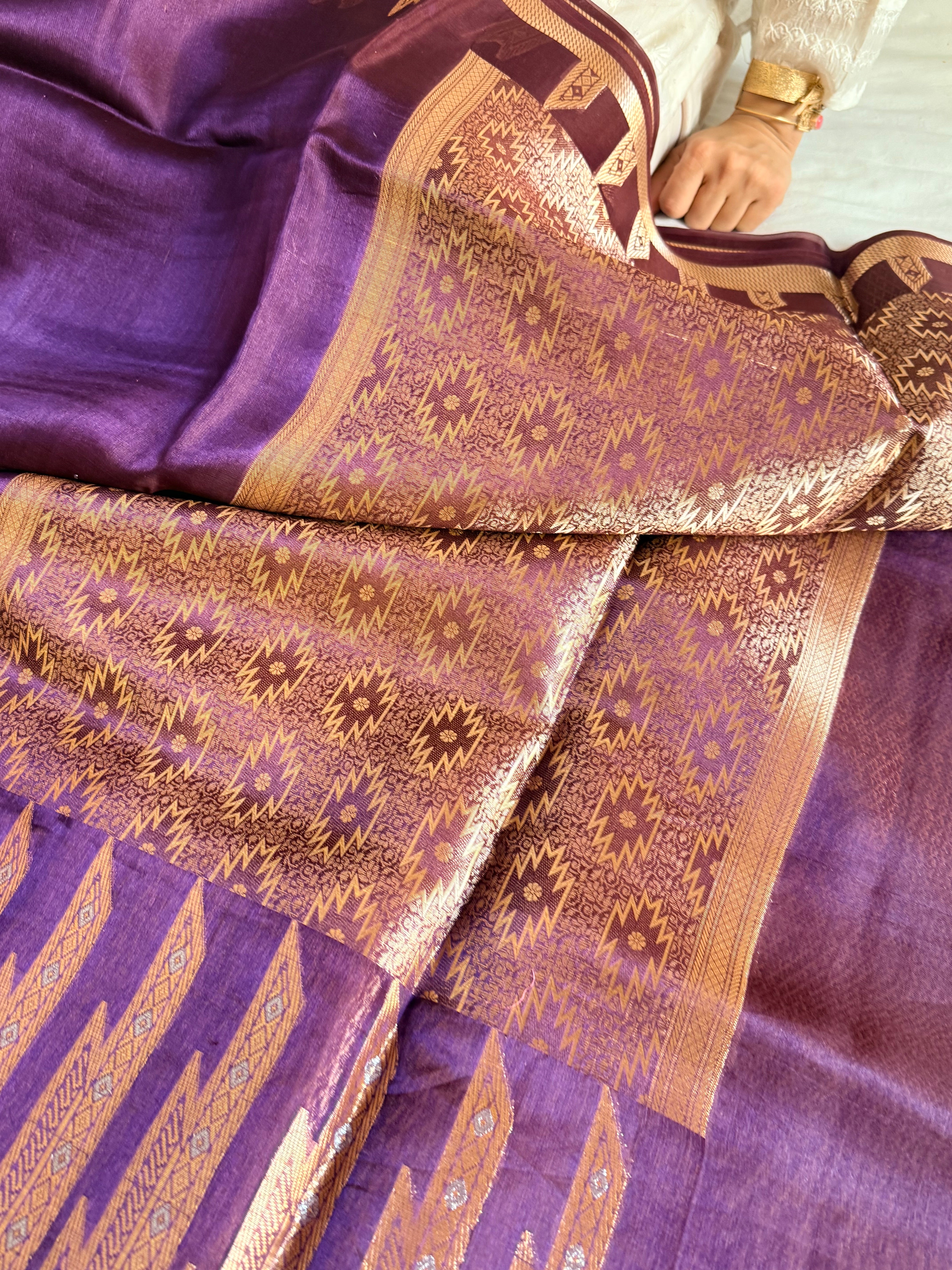 Below 10k - Temple border tissue silk dhup chao effect kadhwa saree