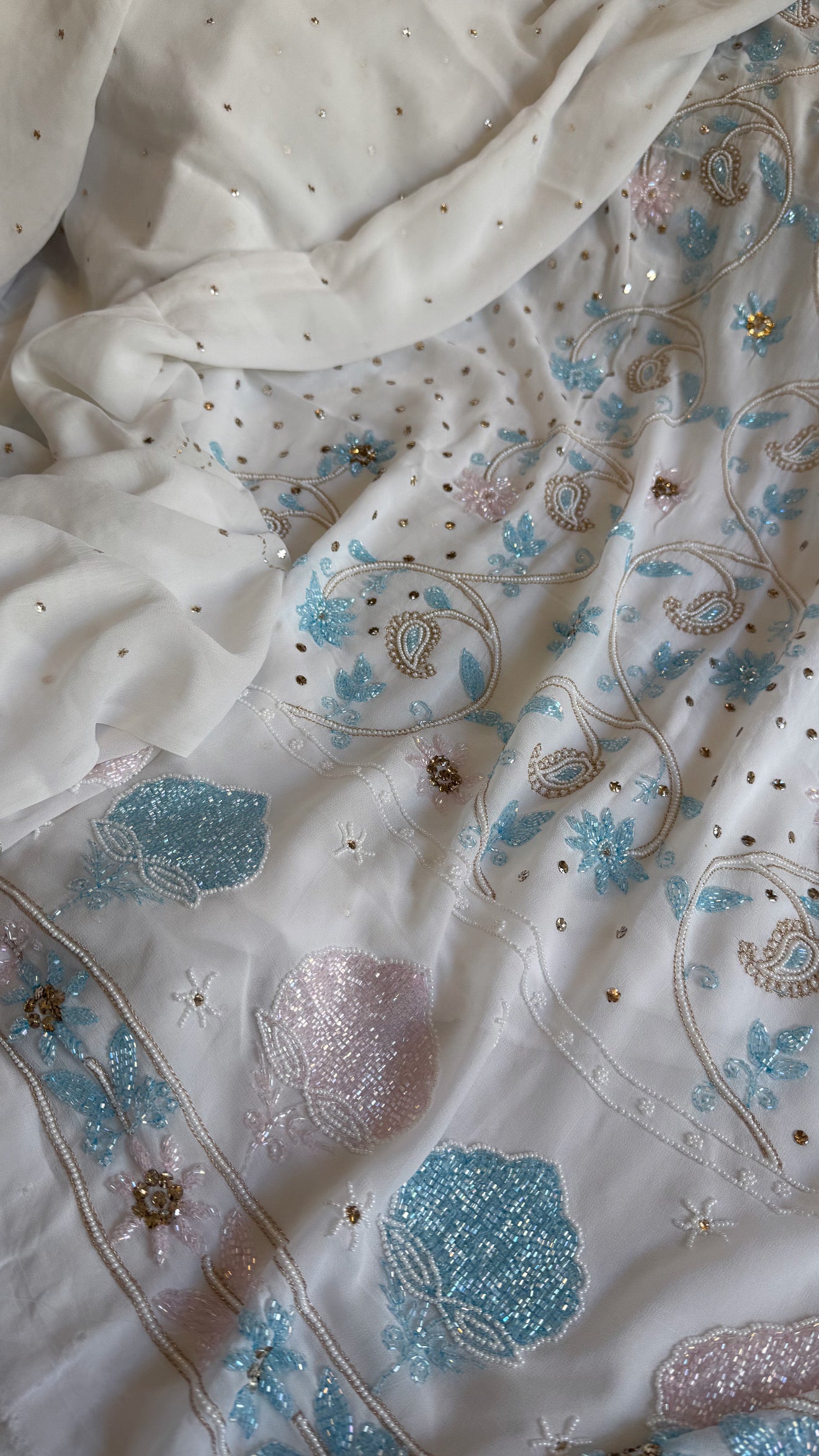 Banarasi gorgette mukaish and pearlwork hand embroidered kadhwa suits