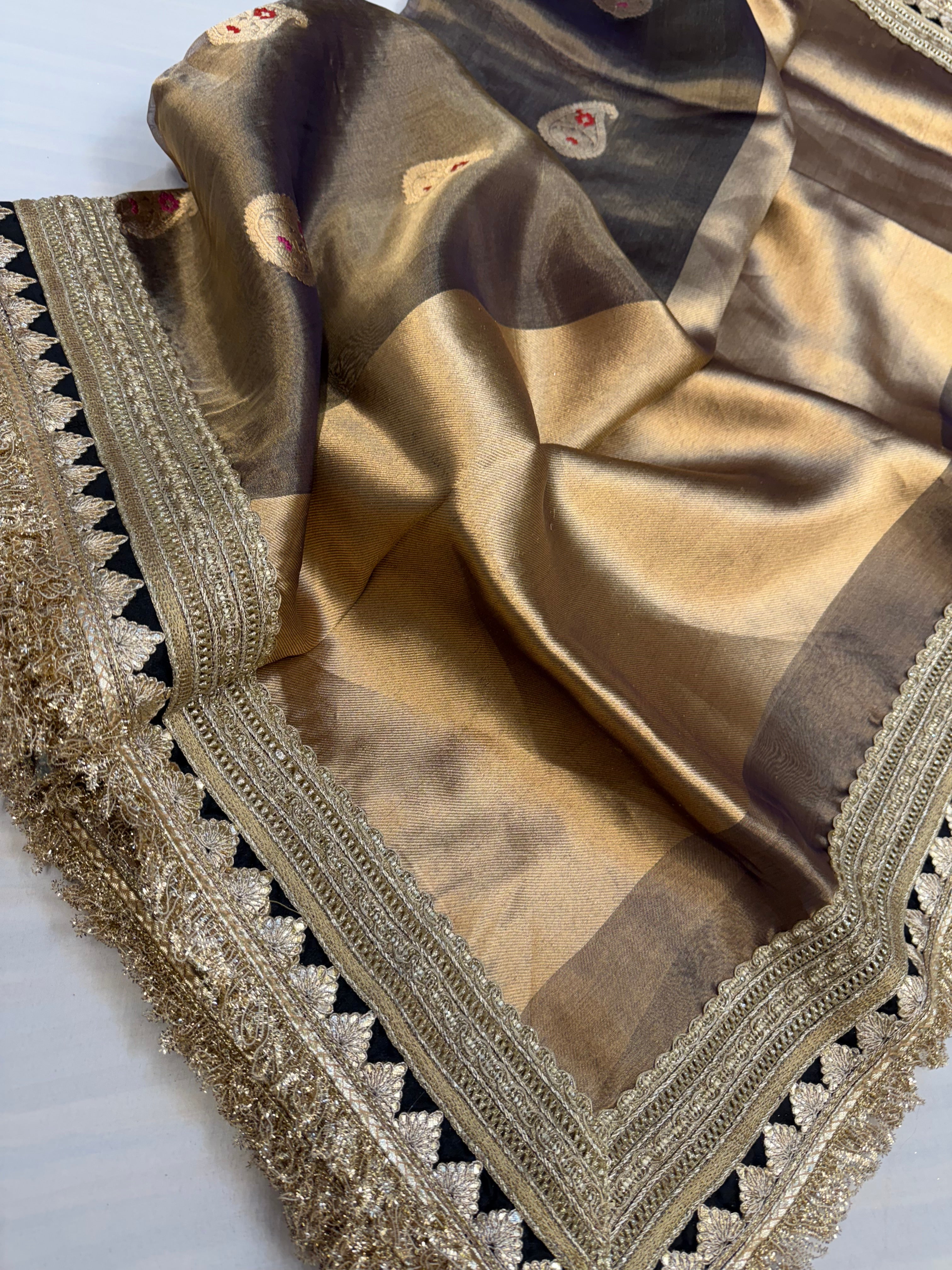 English grey tissue silk meenakari kadhwa buti saree
