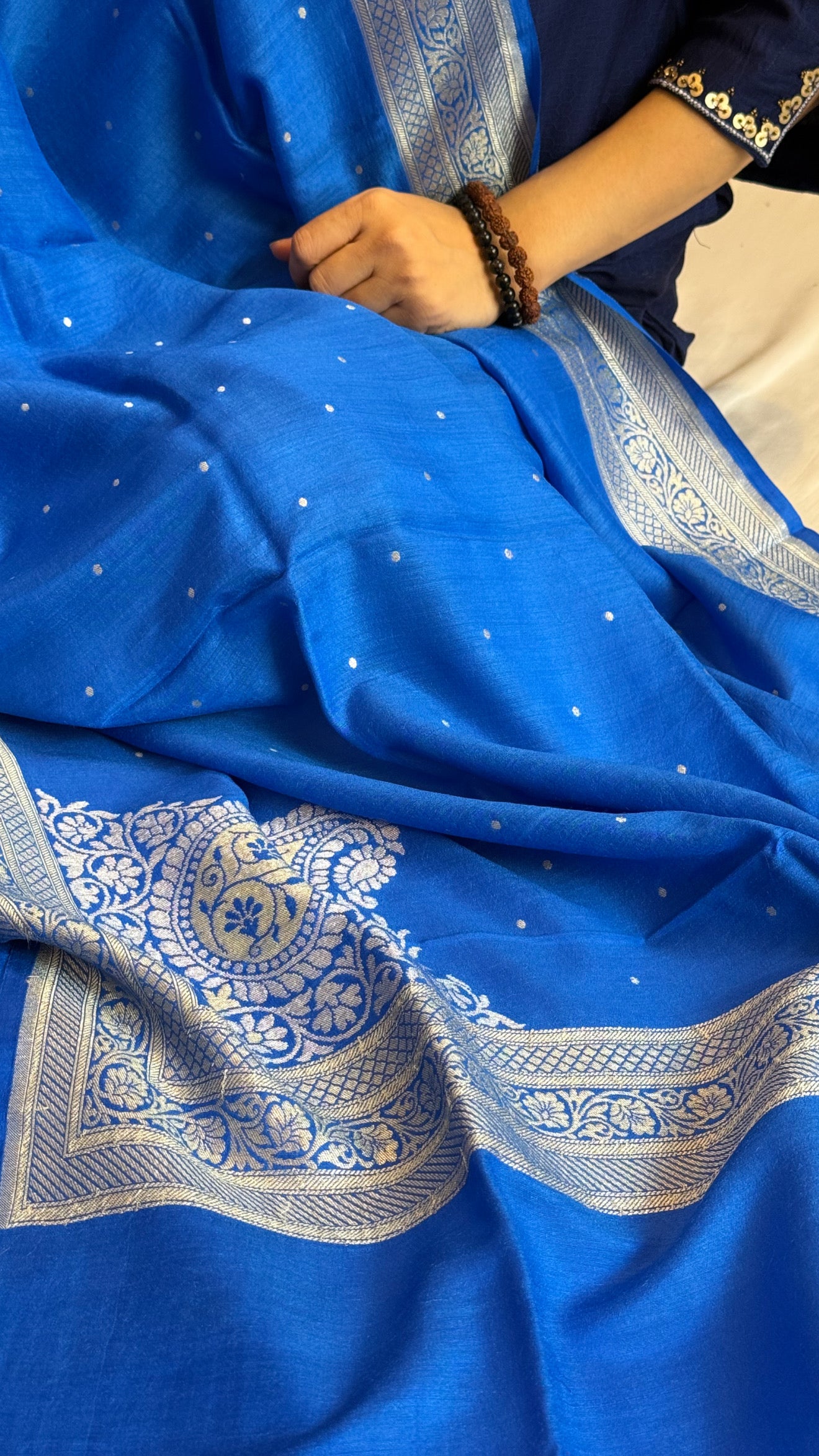 Sheesham ink blue mirror work hand embroidered katan silk suit set