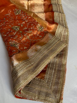 Mughal motif inspired- Fanta orange dhup chao effect husn tissue silk hand embroidered kadhwa saree