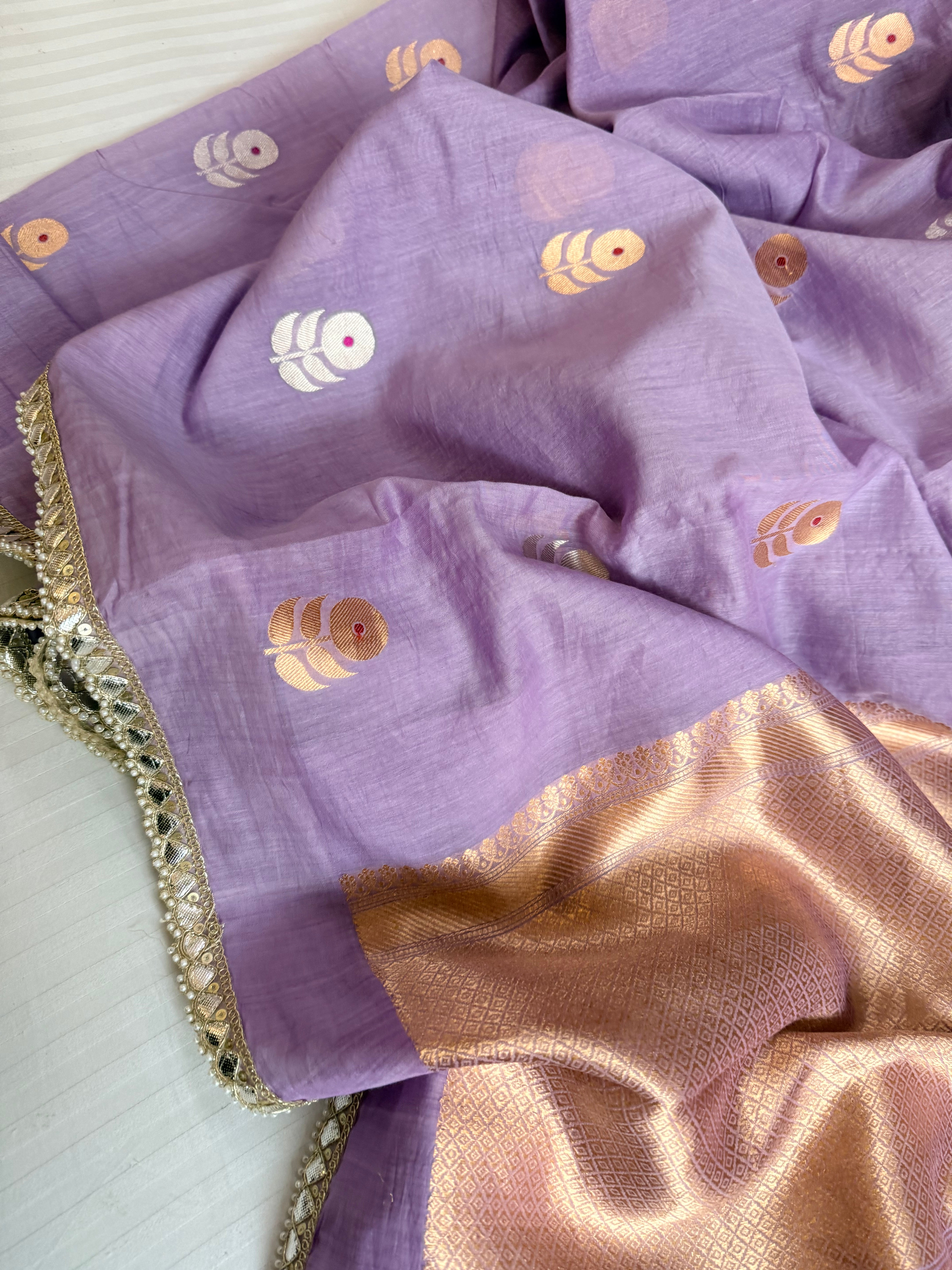 Handloom mulmul cotton silk sarees with lampi gota border