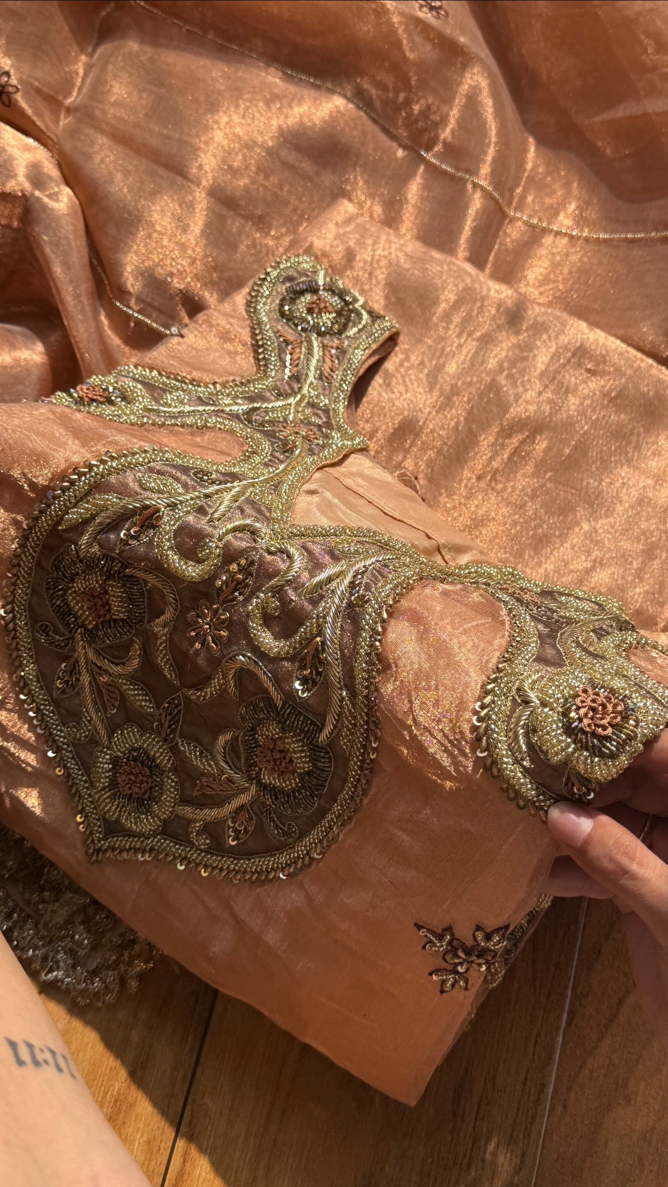 Pakeeza inspired copper tissue silk heavy zardozi work suit set