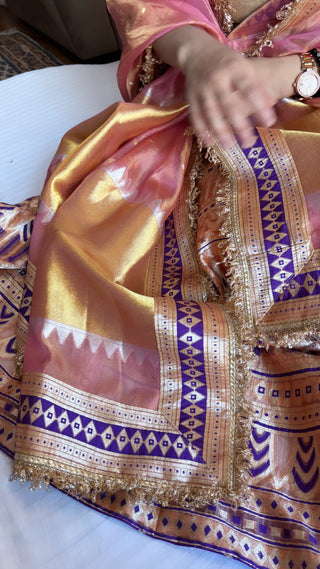 Peach tissue silk kali wala lehenga