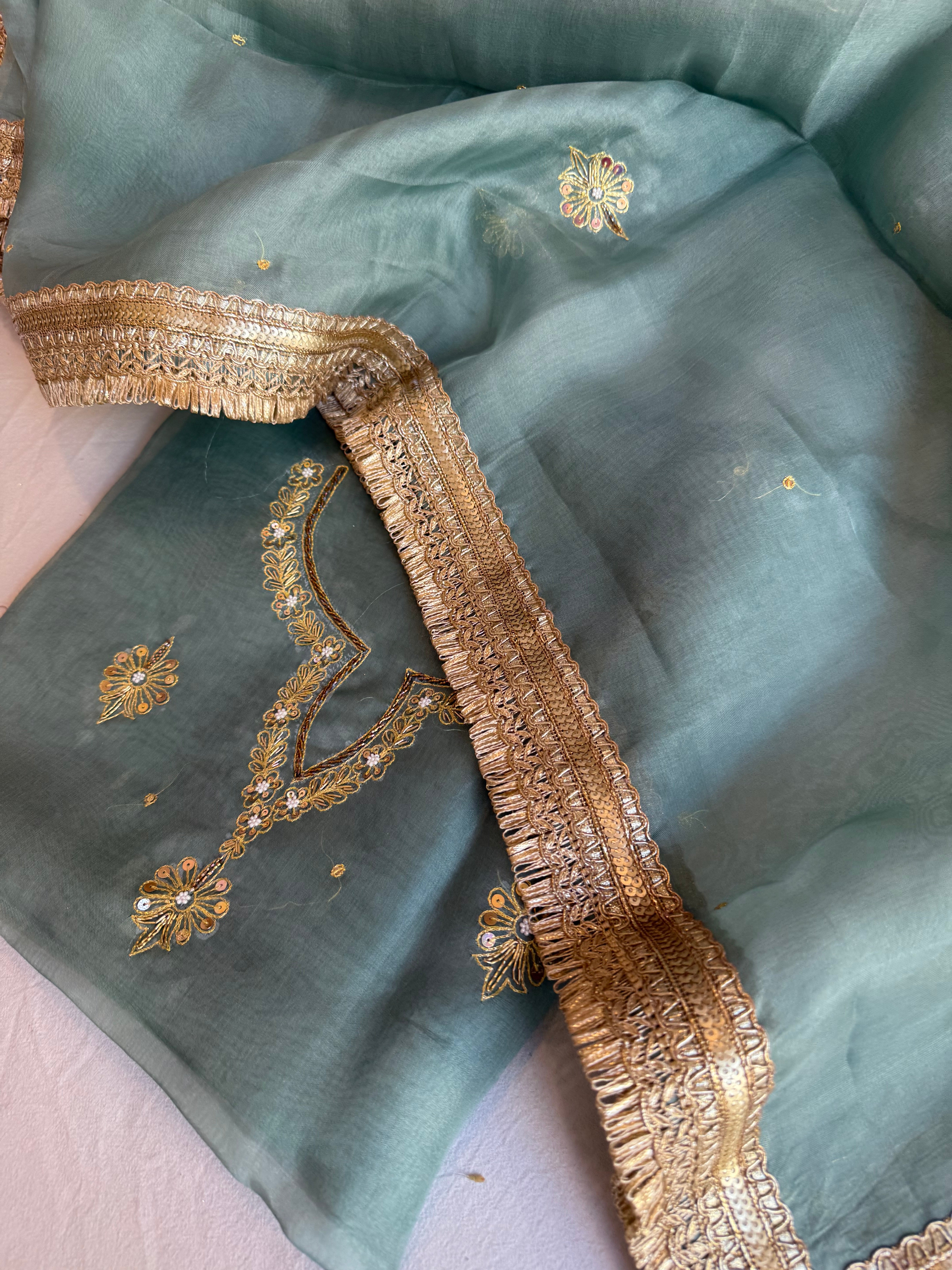 Aari and tilli hand embroidered kora silk teal blue kadhwa suit set