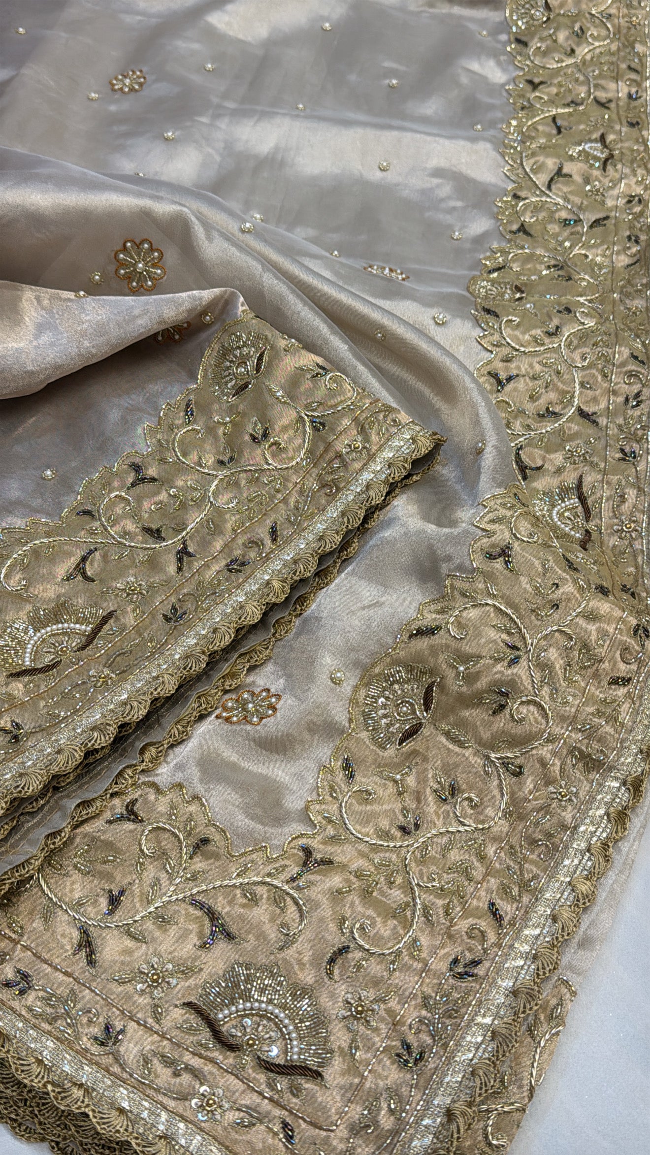 Golden heavy zardozi border diamond tissue silk hand embroidered saree