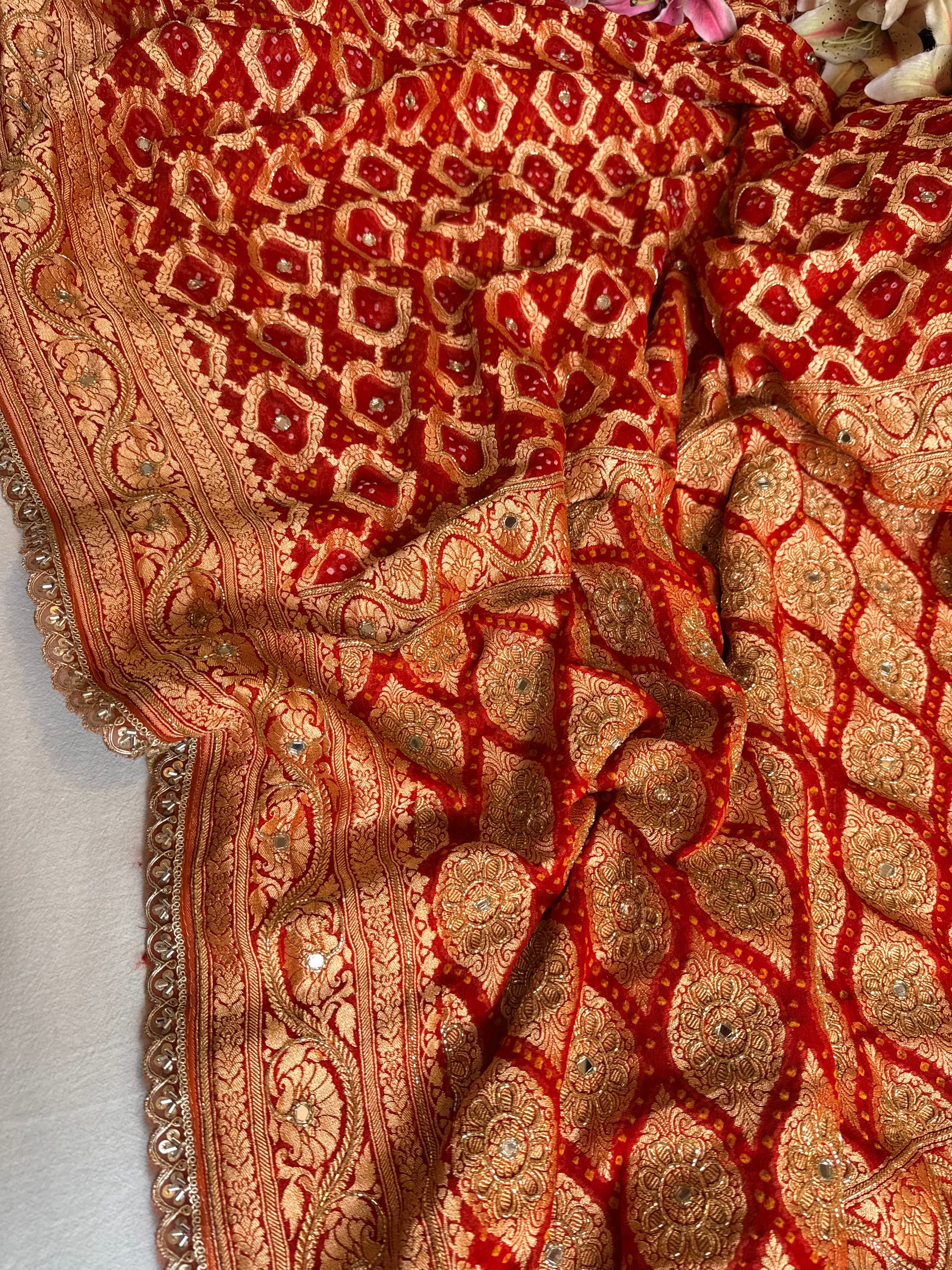 Banarasi chiffon gorgette rai bandhej kadhwa weaving hand embroidered saree