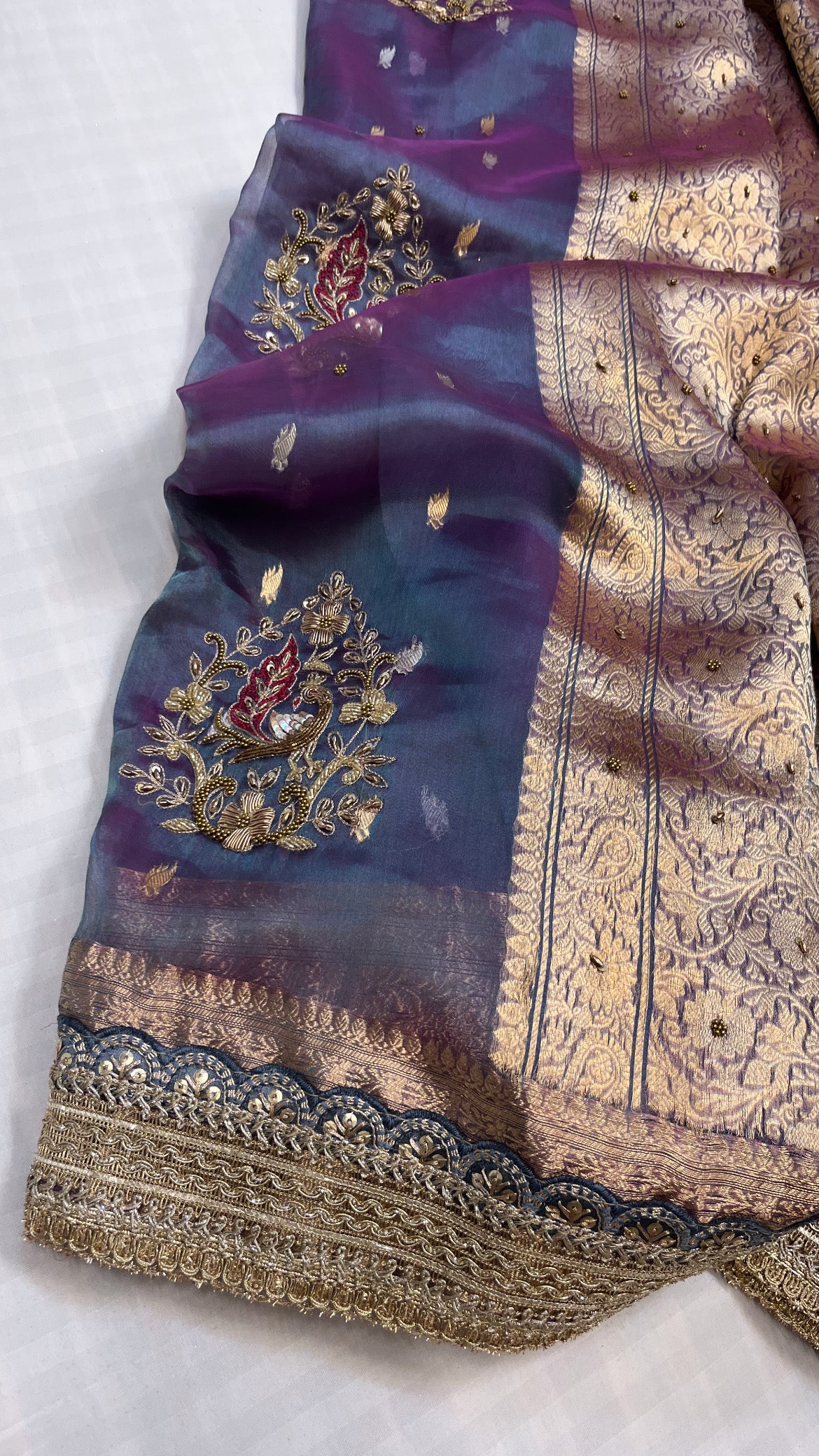 Husn midnight purple tissue silk hand embroidered saree