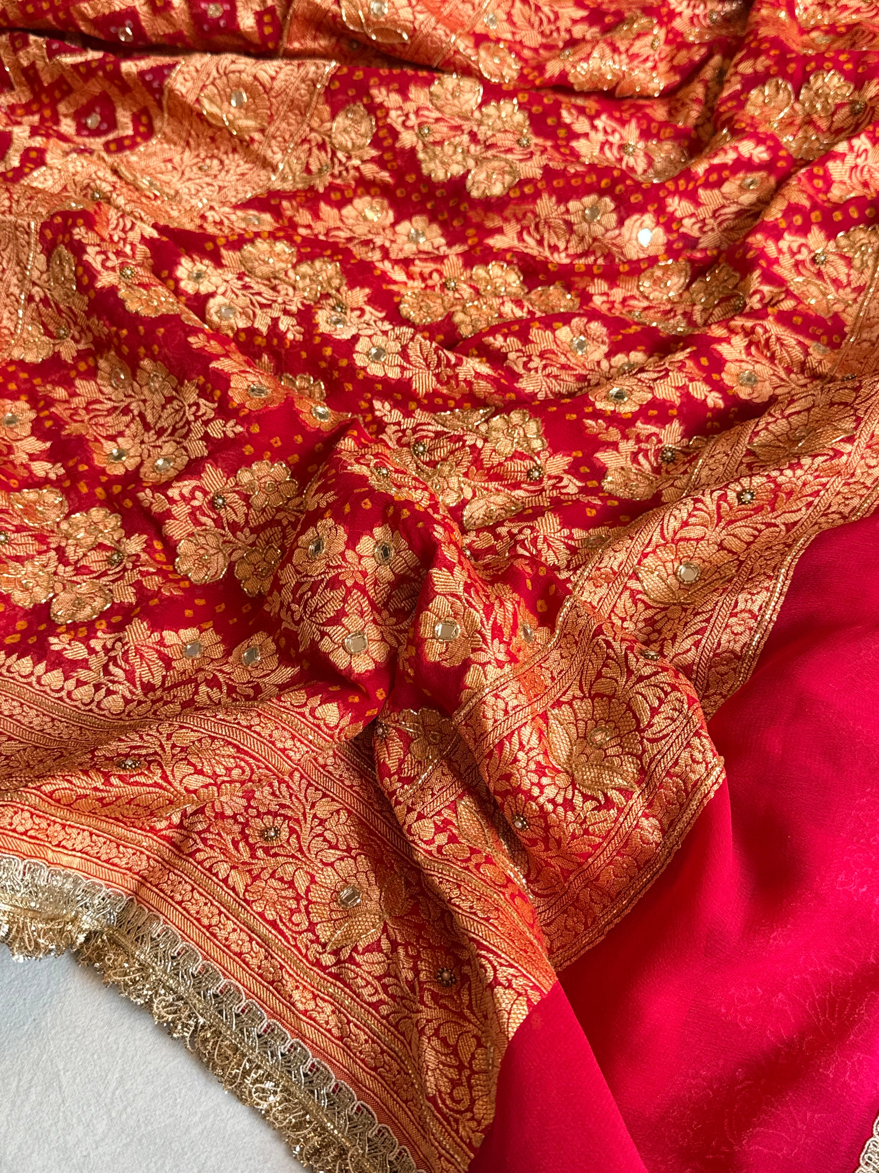 Banarasi chiffon gorgette rai bandhej kadhwa weaving hand embroidered saree