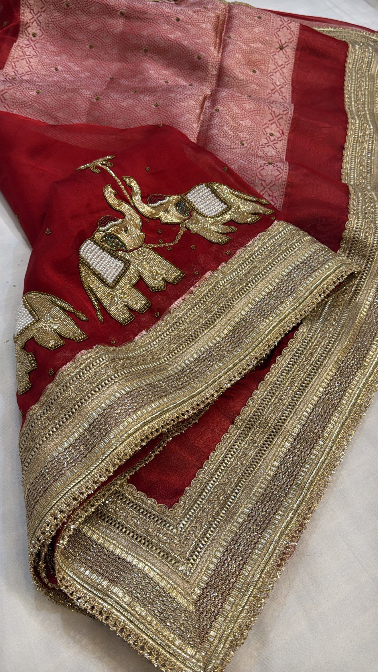 Varmala wali sarees - Midnight blood red tissue silk elephant motif heavy hand embroidered saree