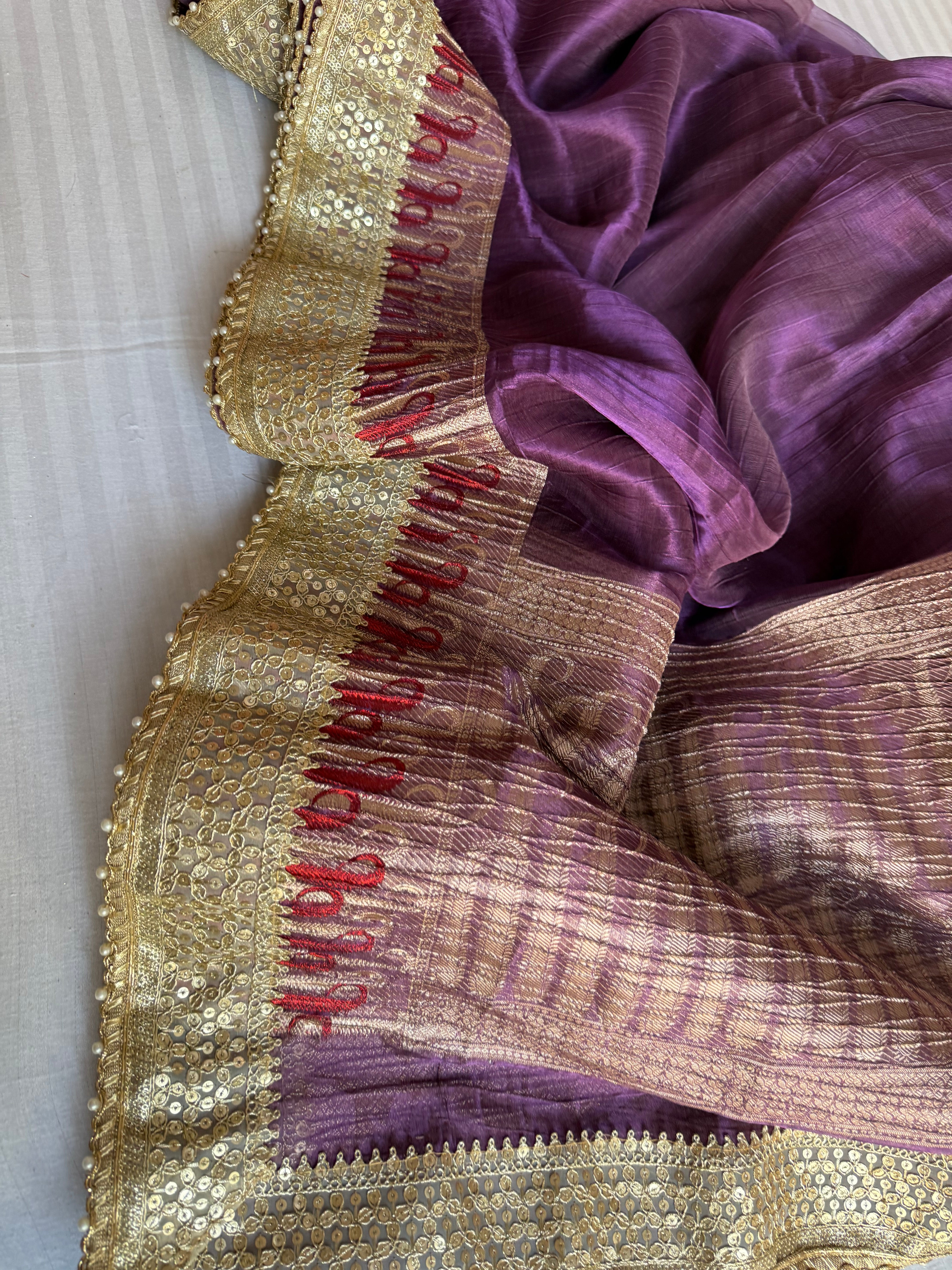 Midnight dhup chao purple pleated maharani tissue silk saree
