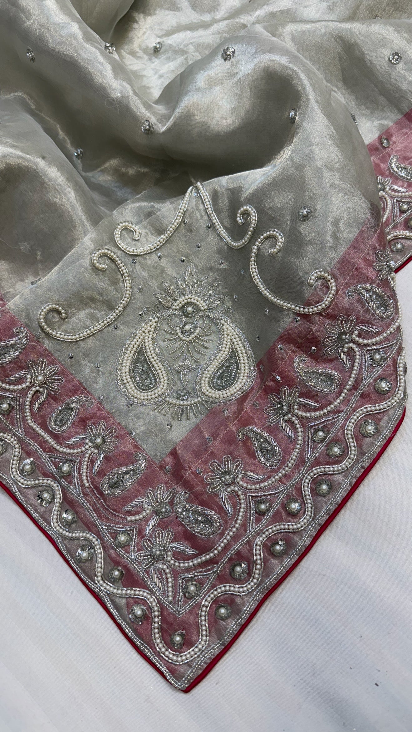 Gulab ki pankhuri husn tissue silk heavy hand embroidered zardozi border saree