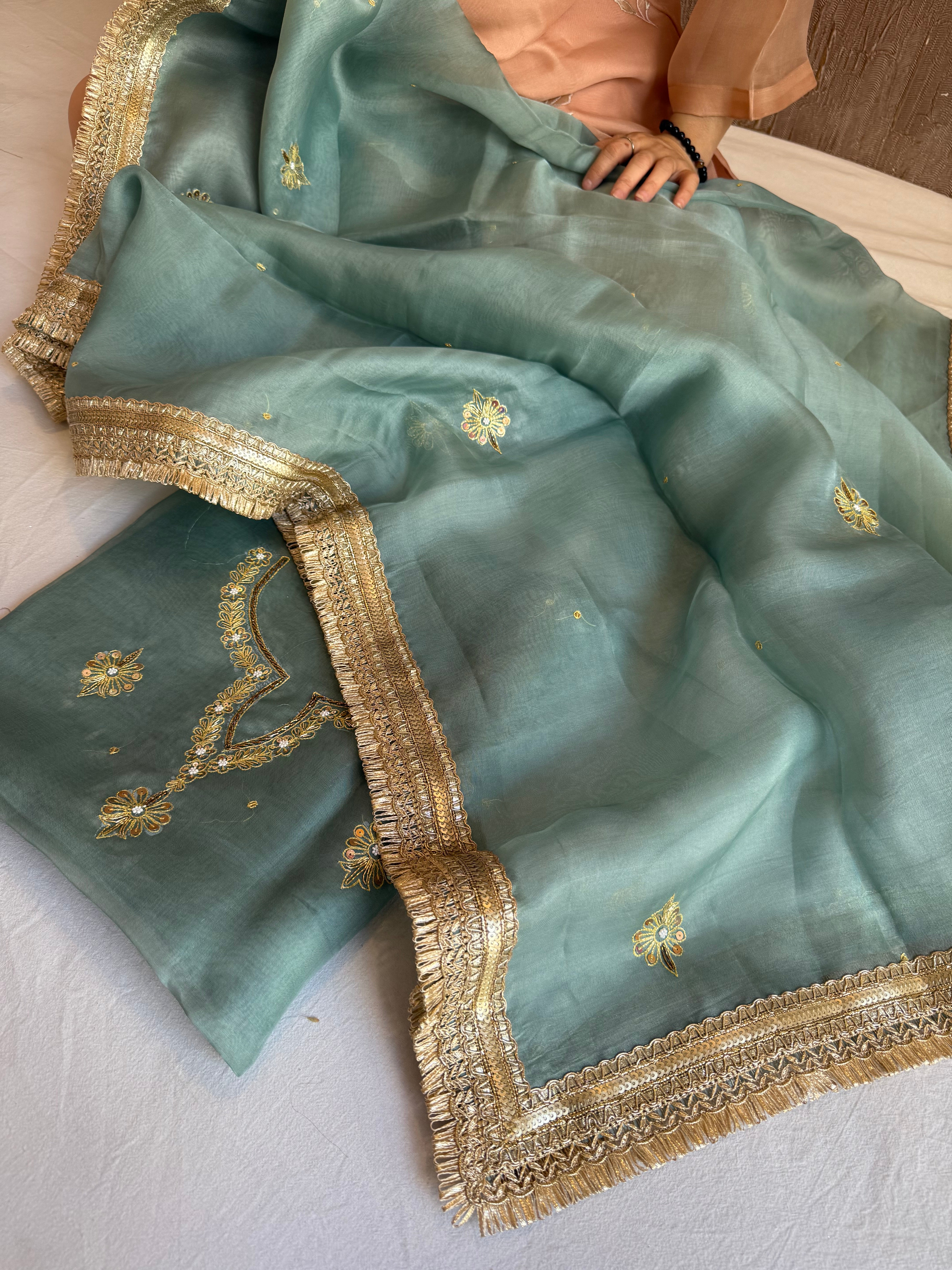 Aari and tilli hand embroidered kora silk teal blue kadhwa suit set