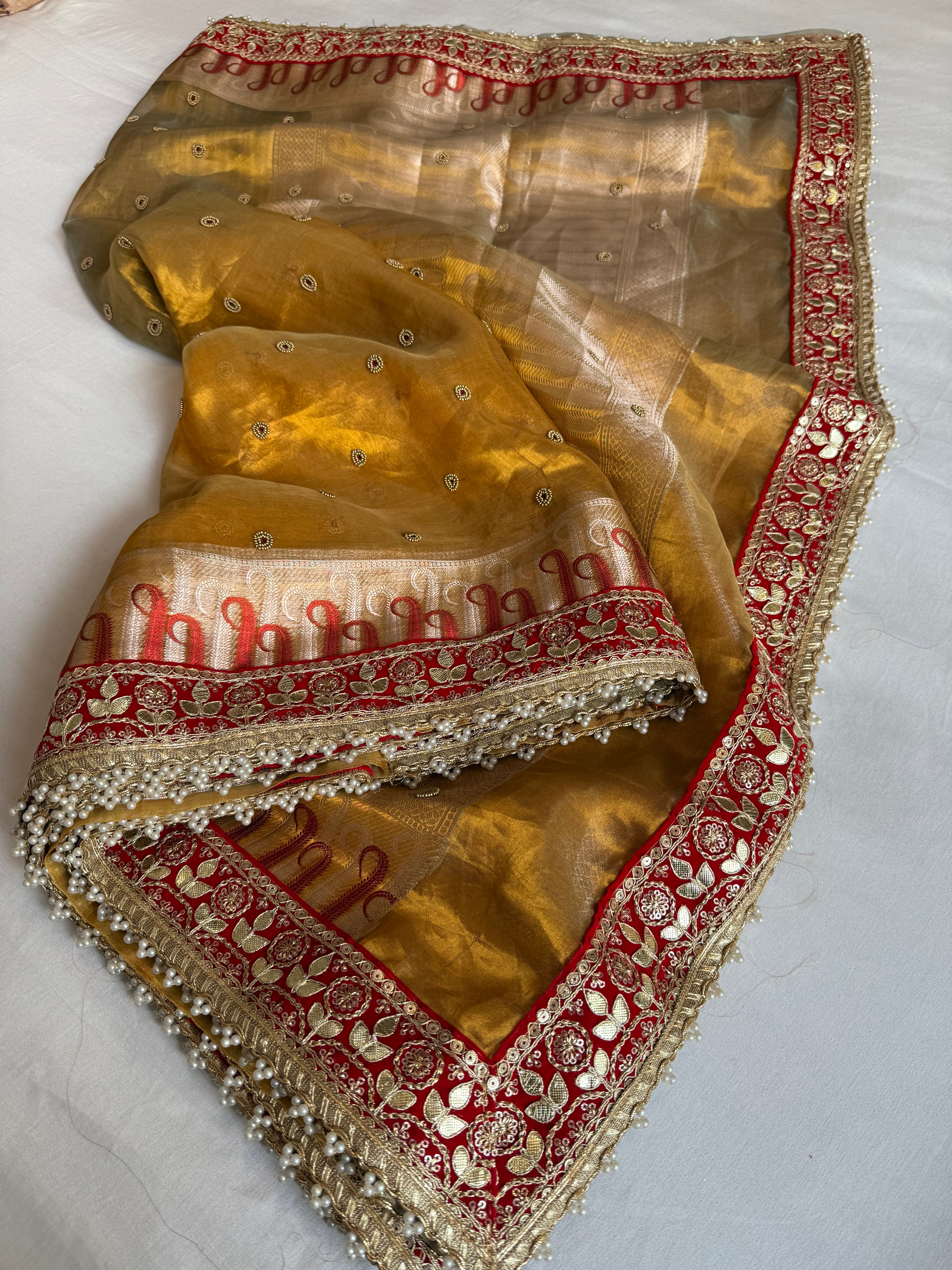 Kanjivaram gold tissue silk red meenakari hand embroidered kadhwa saree