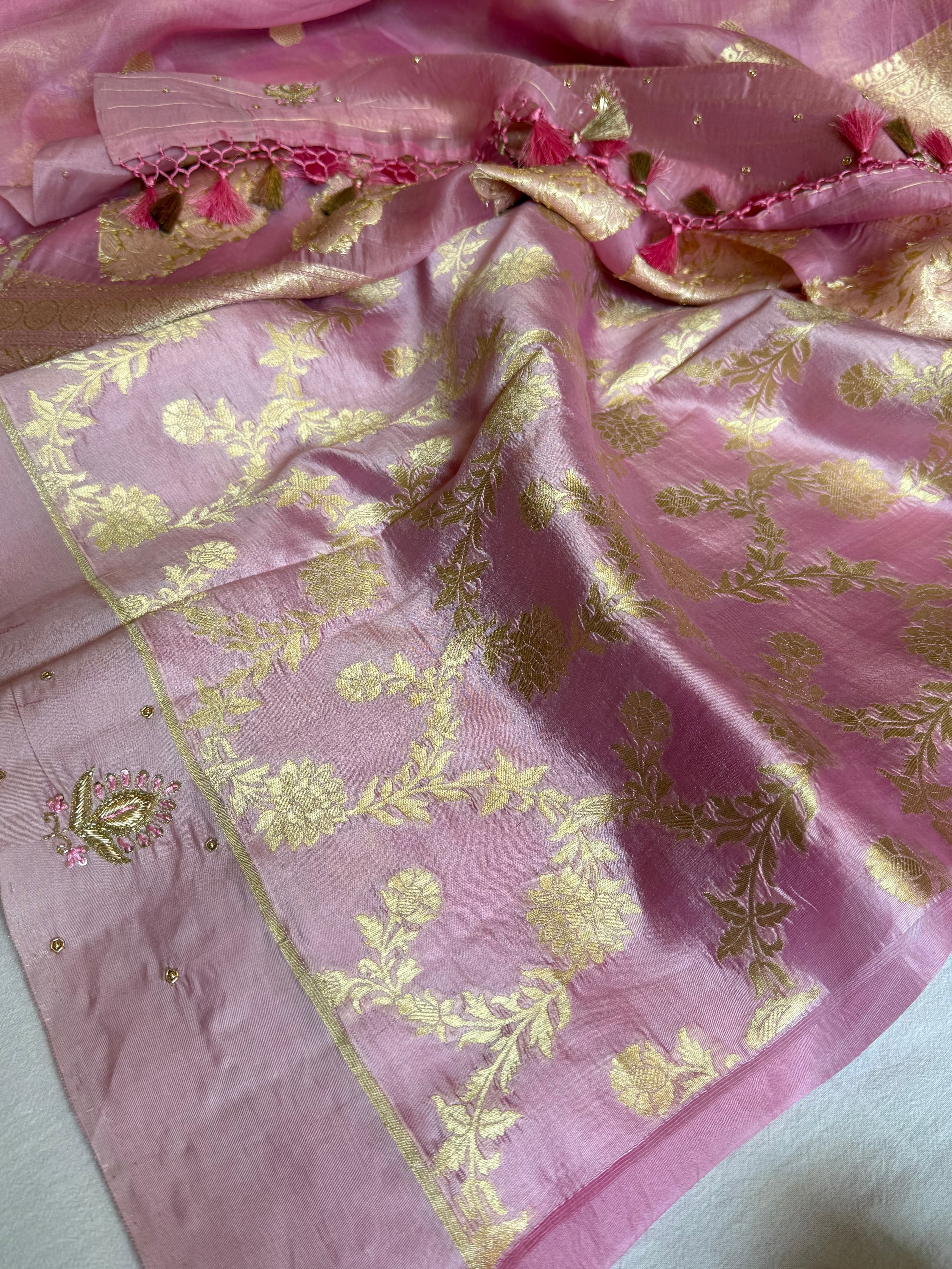 Blush pink banarasi kora silk kadhwa hand embroidered