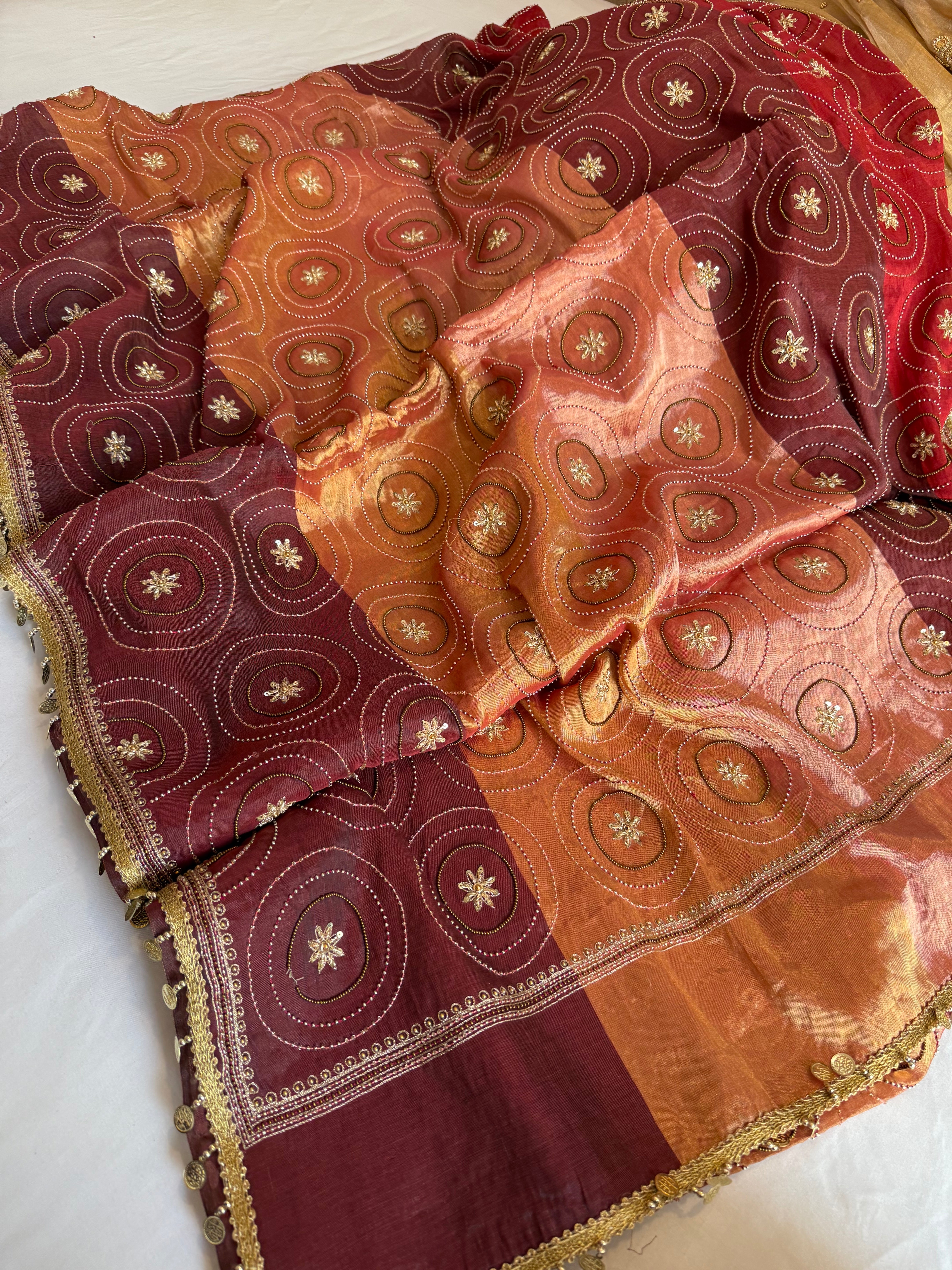Multicolour double tissue silk heavy hand embroidered kadhwa jaal saree