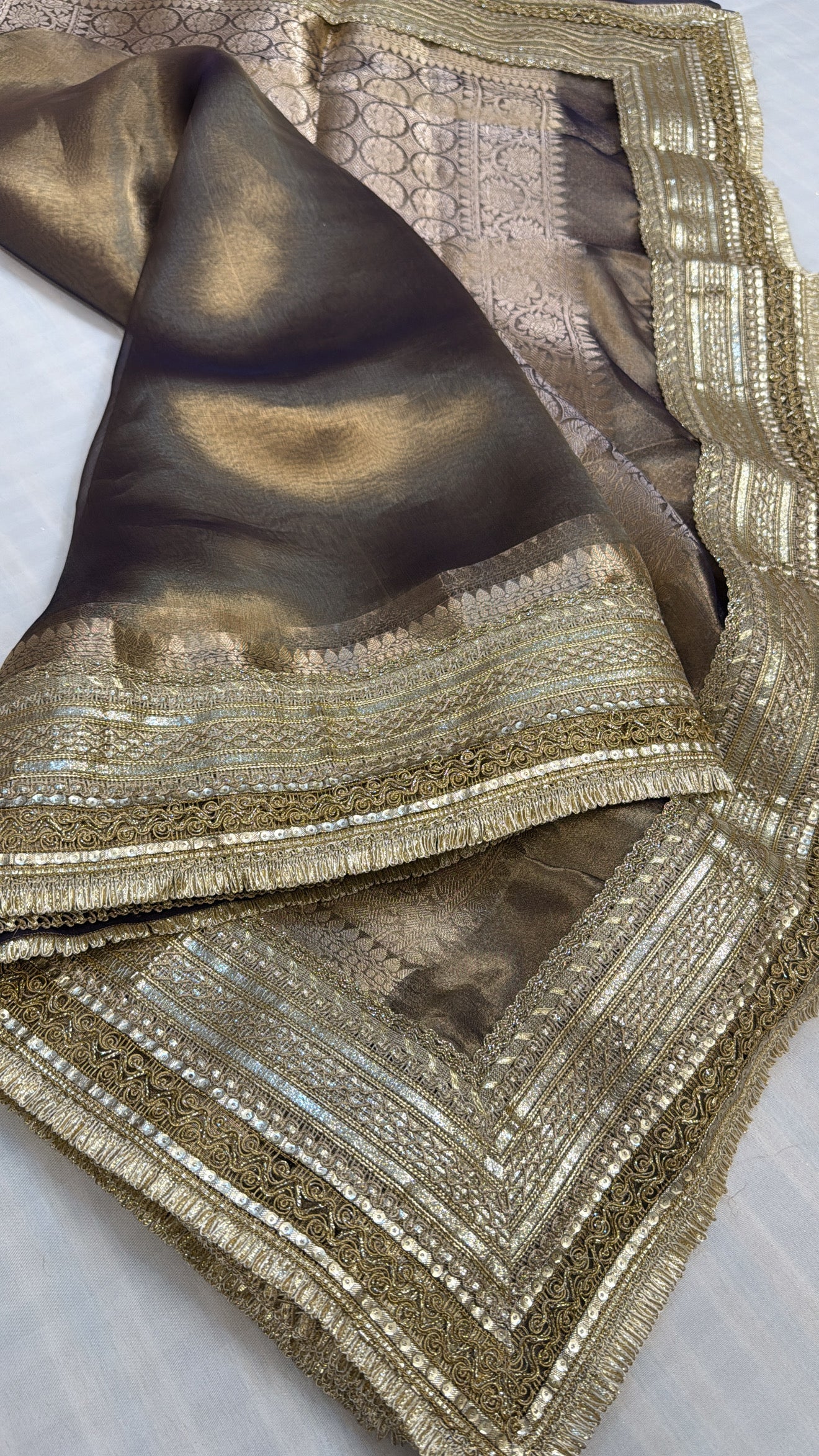 Maharani english mouse grey tissue silk kadhwa gotapatti saree