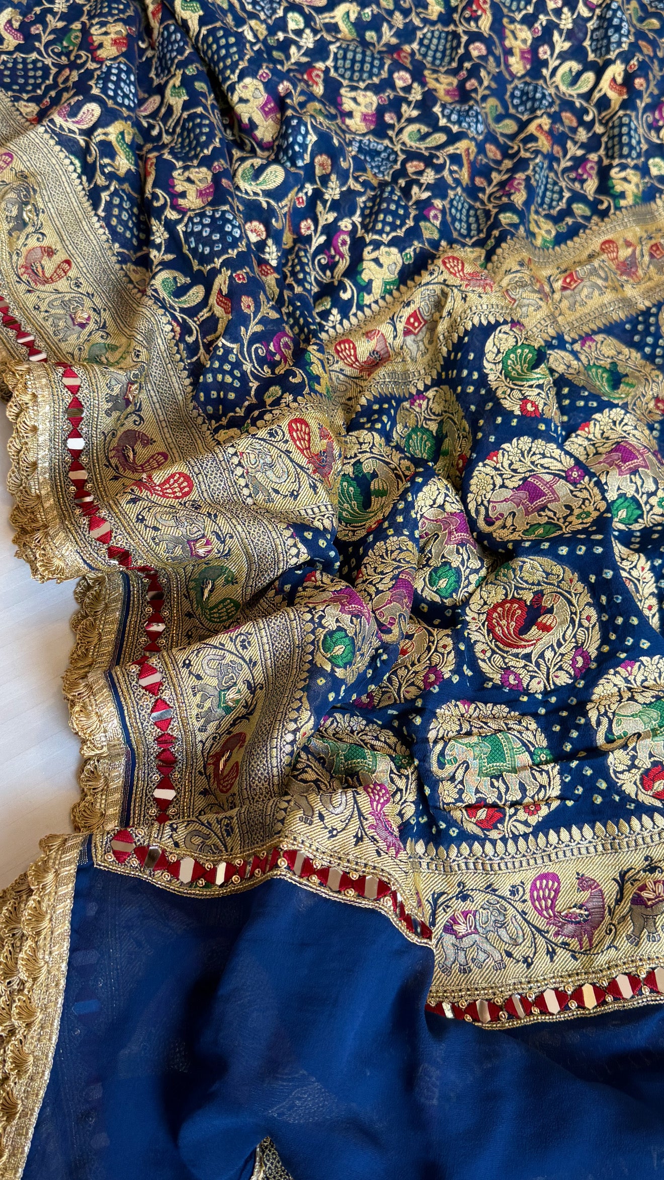 Mirror work banarasi bandhej shikargah motif heavy hand embroidered saree