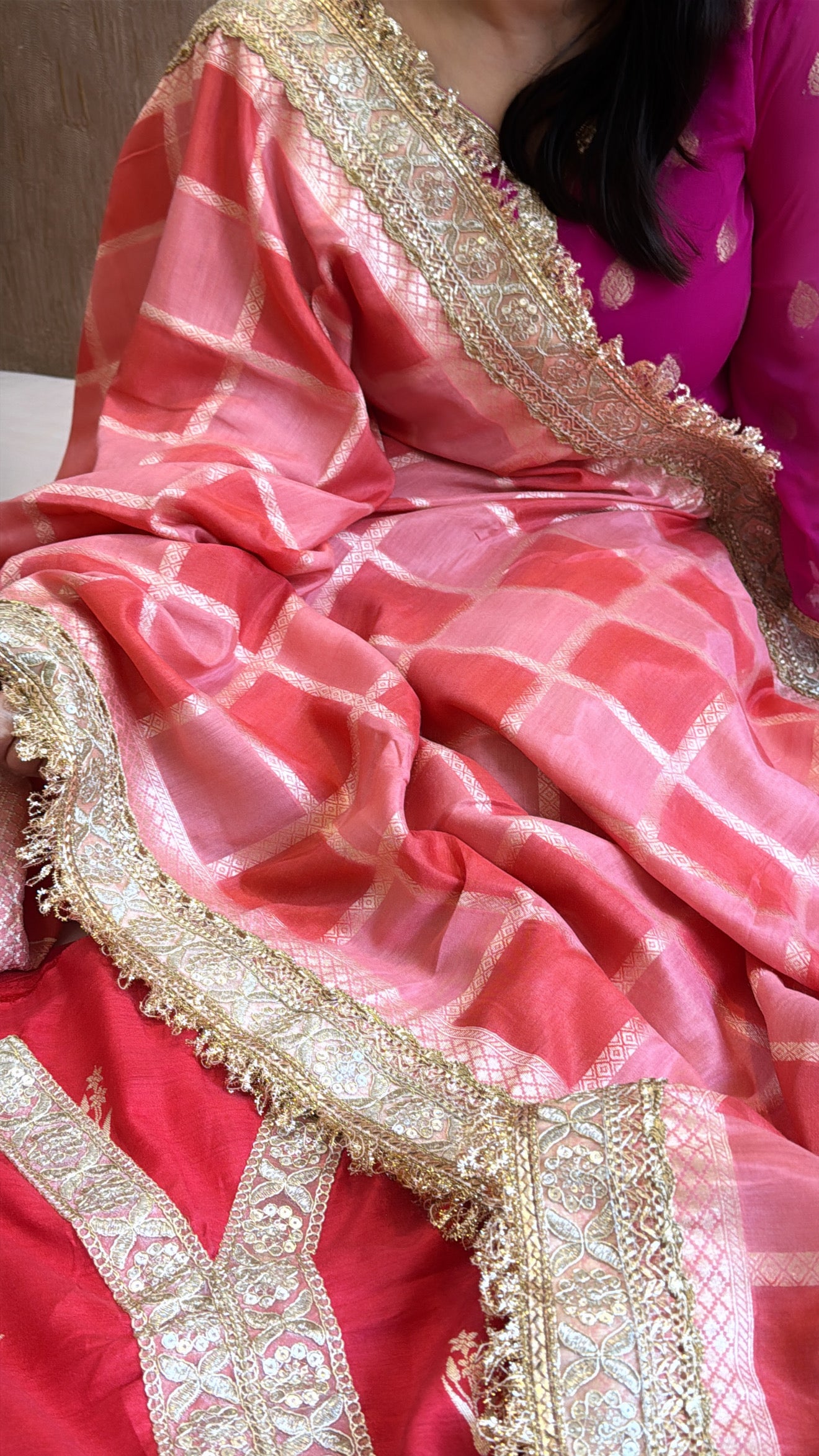 Cherry red rangkaat dye chaukadi weaving silk kadhwa suit set