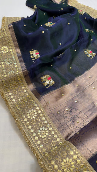 Baarat wali saree - Metallic deep blue husn tissue silk elephant motif hand embroidered saree