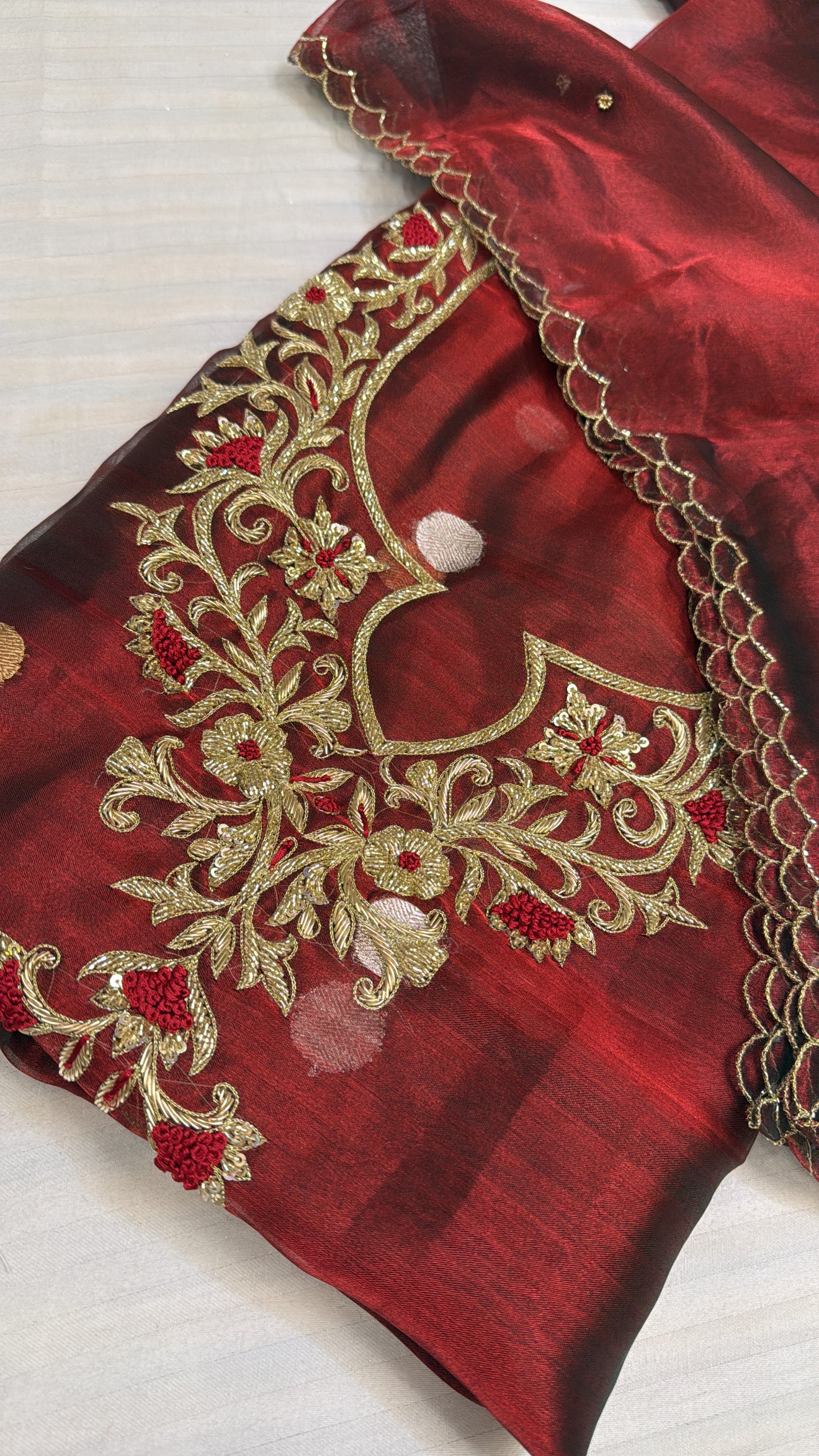Shagun ke suits - Blood red tissue silk heavy hand embroidered suit sets