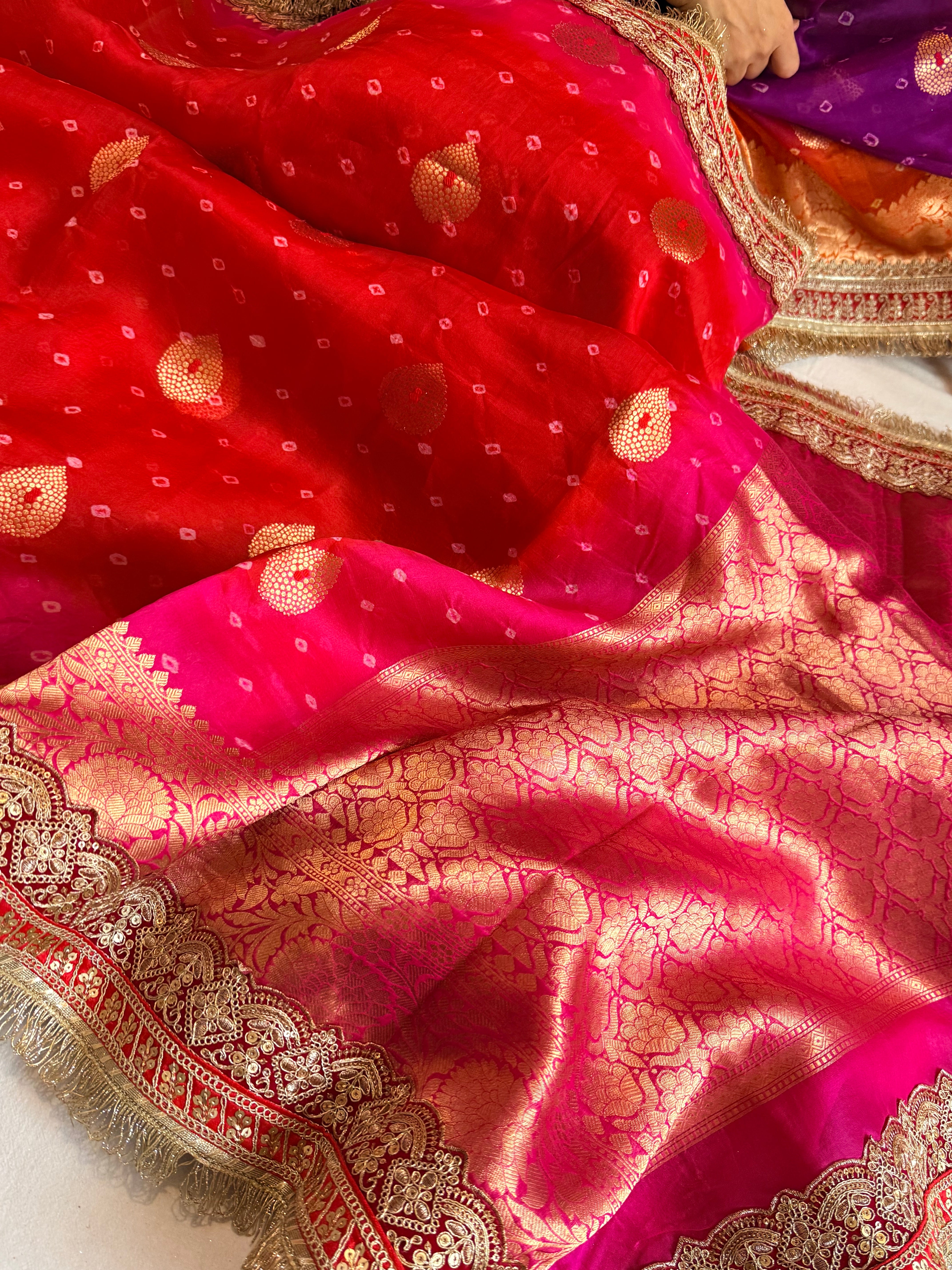 Mayra wali saree - Kora silk bandhej work meenakari gotapatti saree