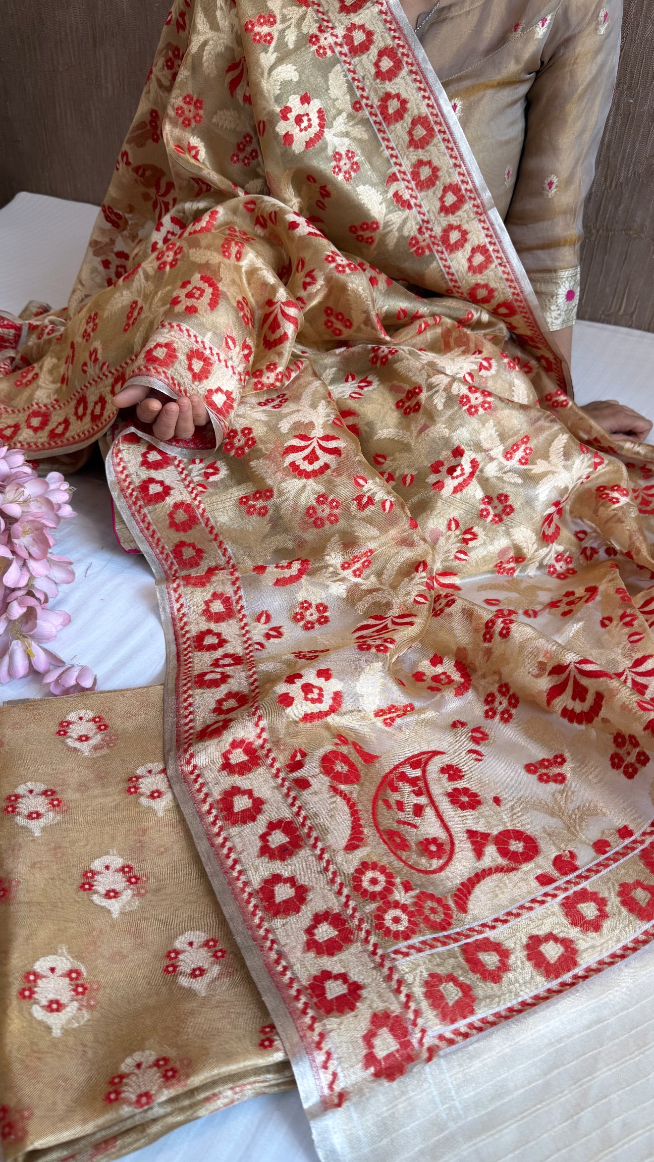 Iktara tissue silk red meenakari jungla jamdani suit set