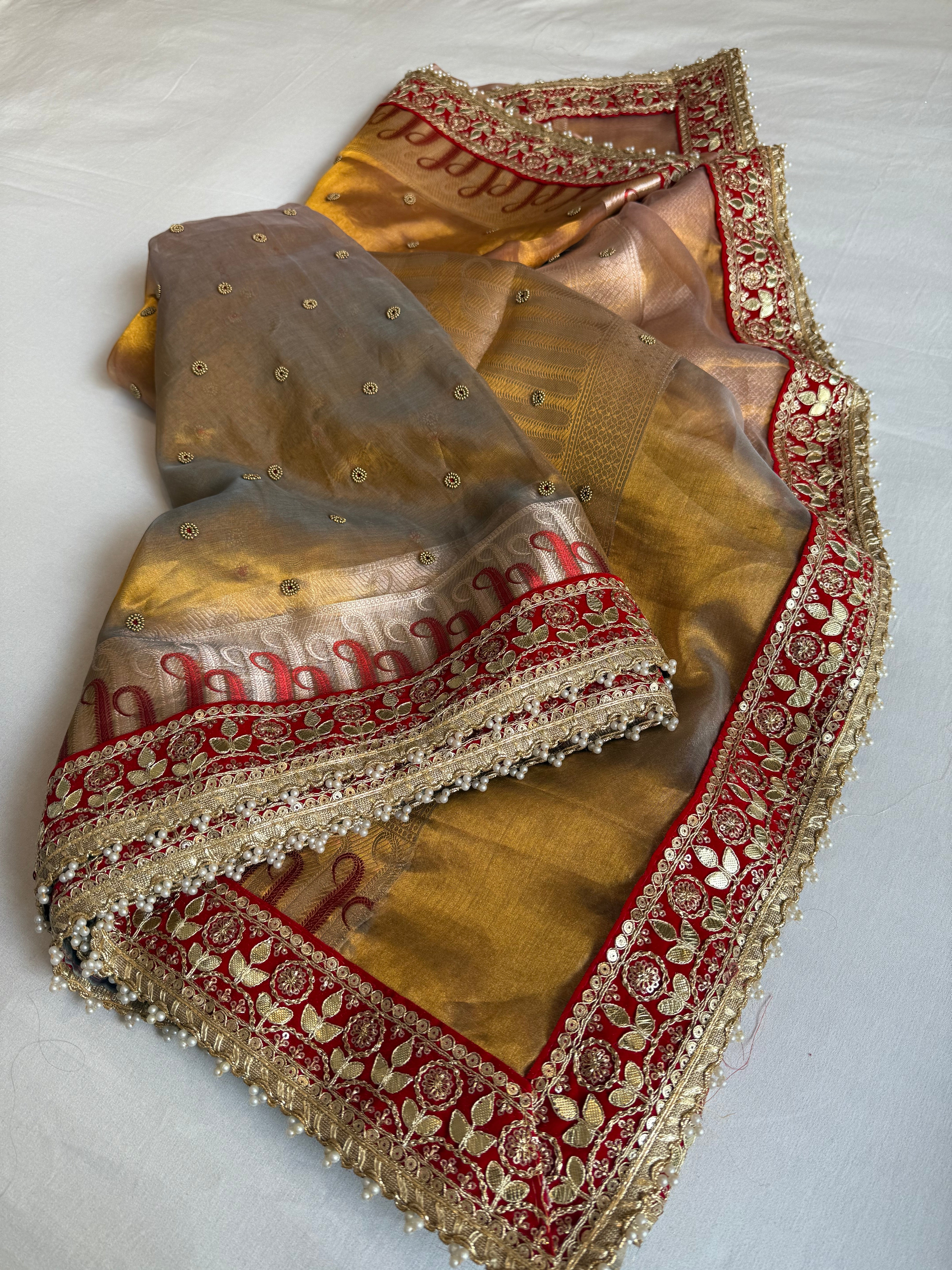 Kanjivaram gold tissue silk red meenakari hand embroidered kadhwa saree