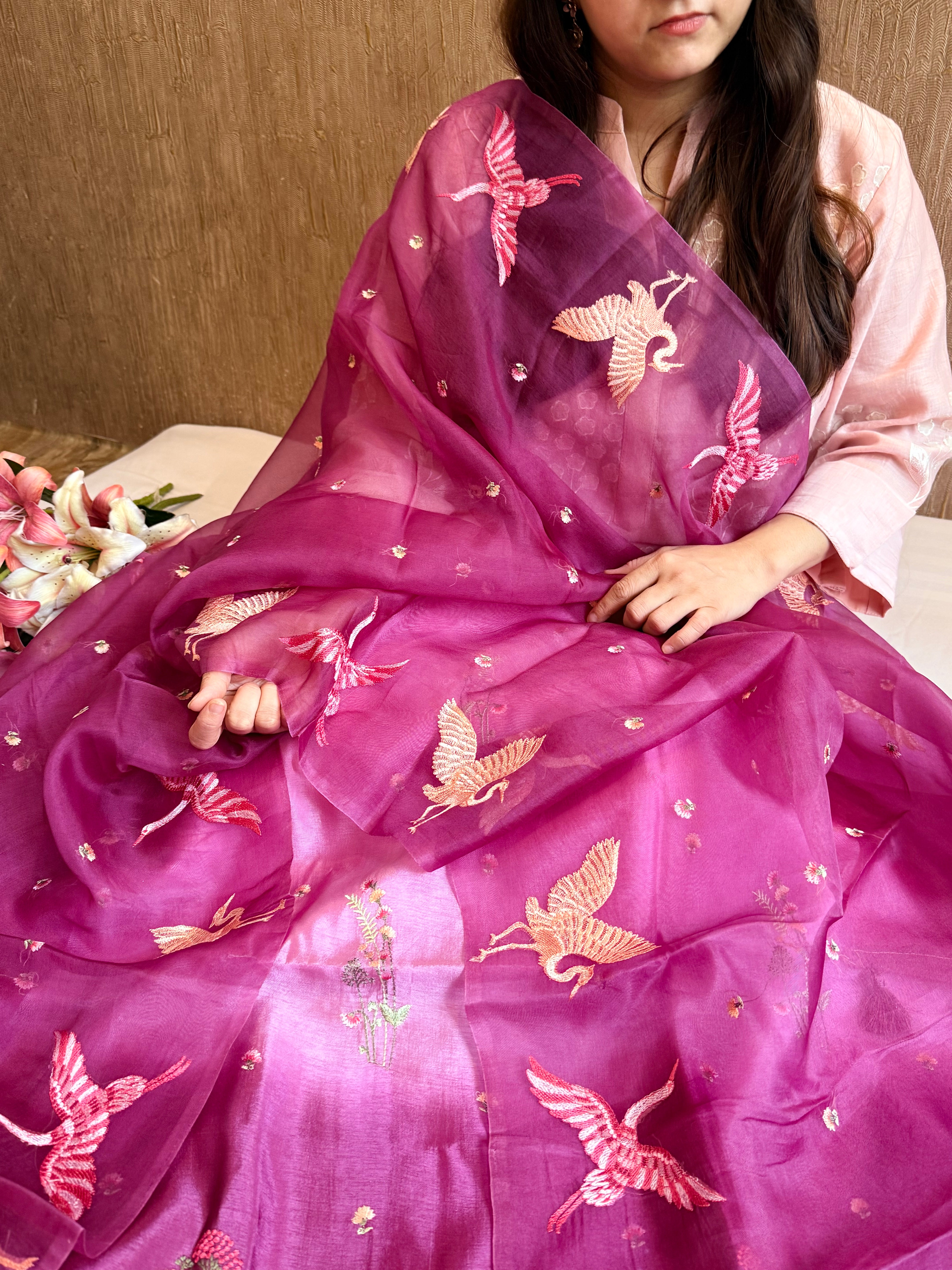 Mango silk flamingo motif hand embroidery suit set