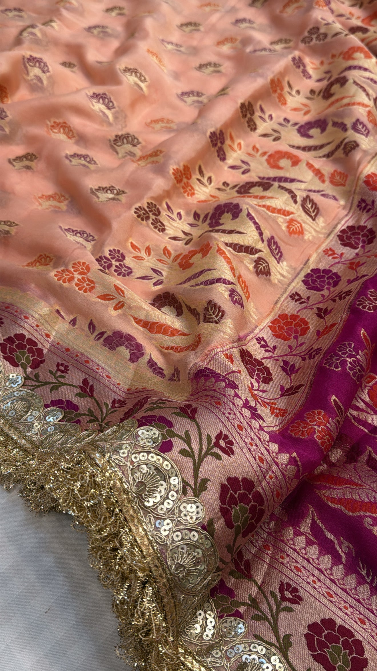 Banarasi chiffon gorgette kadhwa meenakari buti chap dye saree