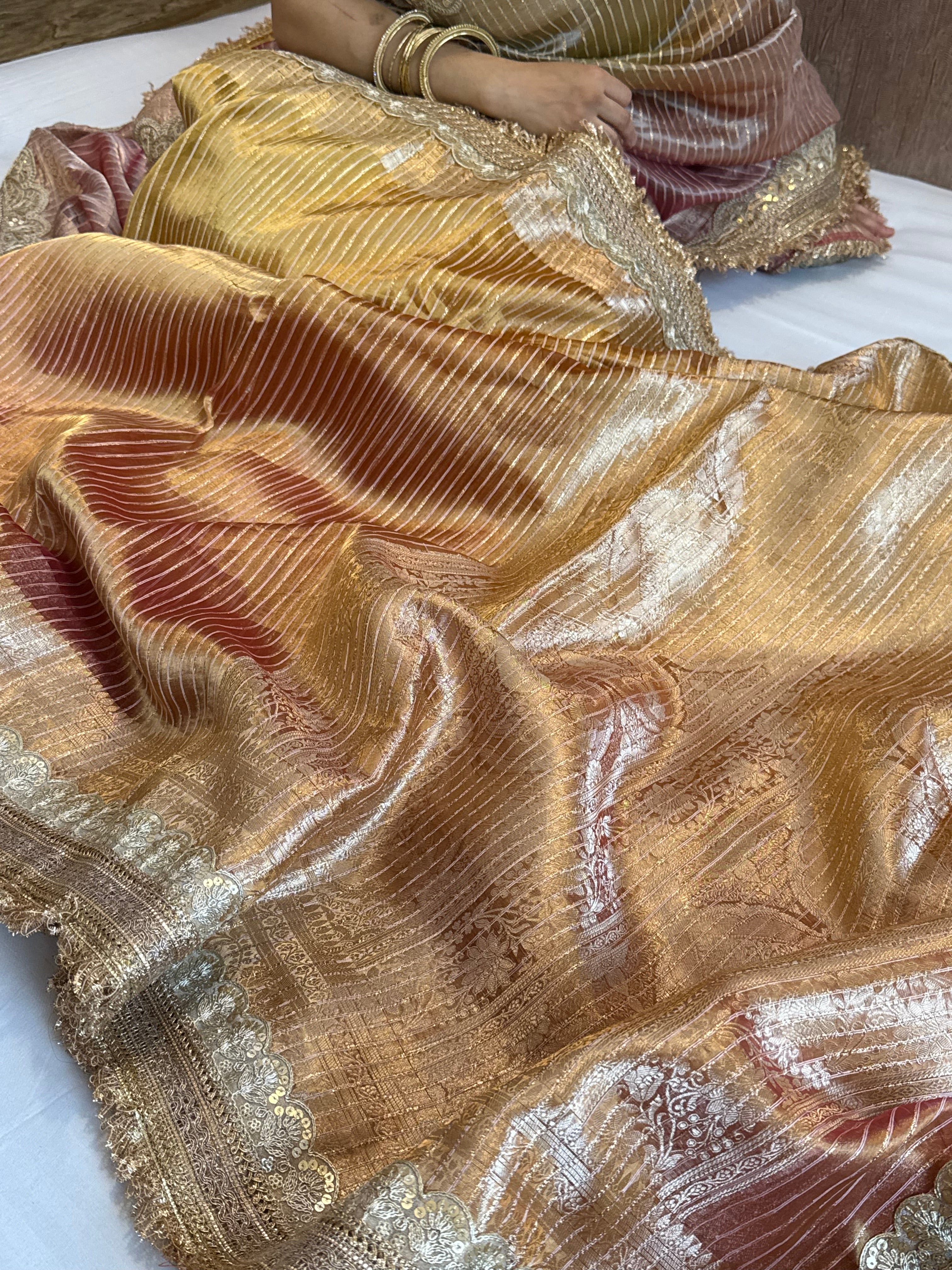 Maharani rang birangi tissue silk zari striped kadhwa saree