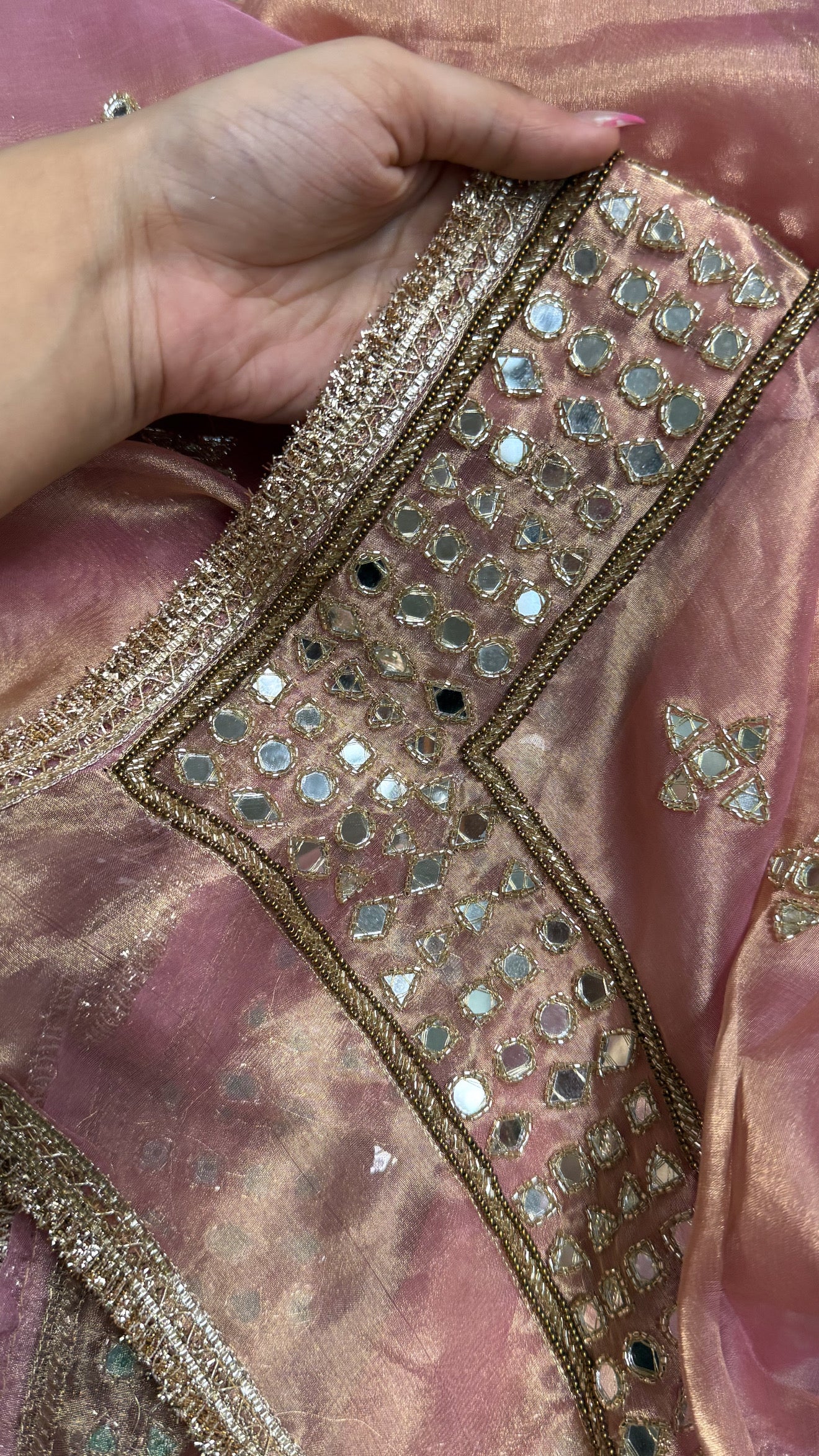 Engagement wali saree - Blush pink diamond tissue silk mirror work hand embroidered saree