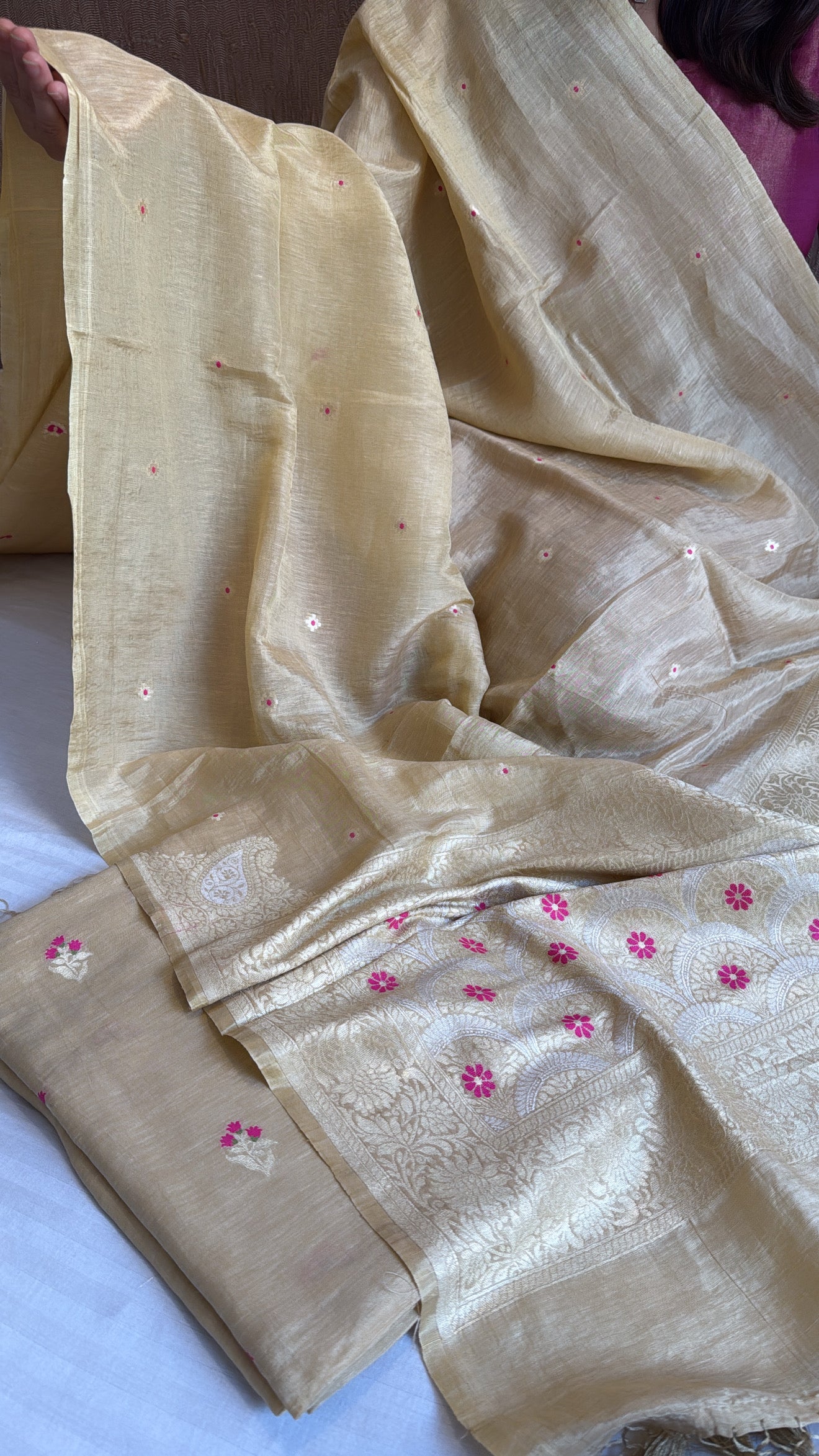 Soft beige linen gorgette kadhwa meenakari suit set