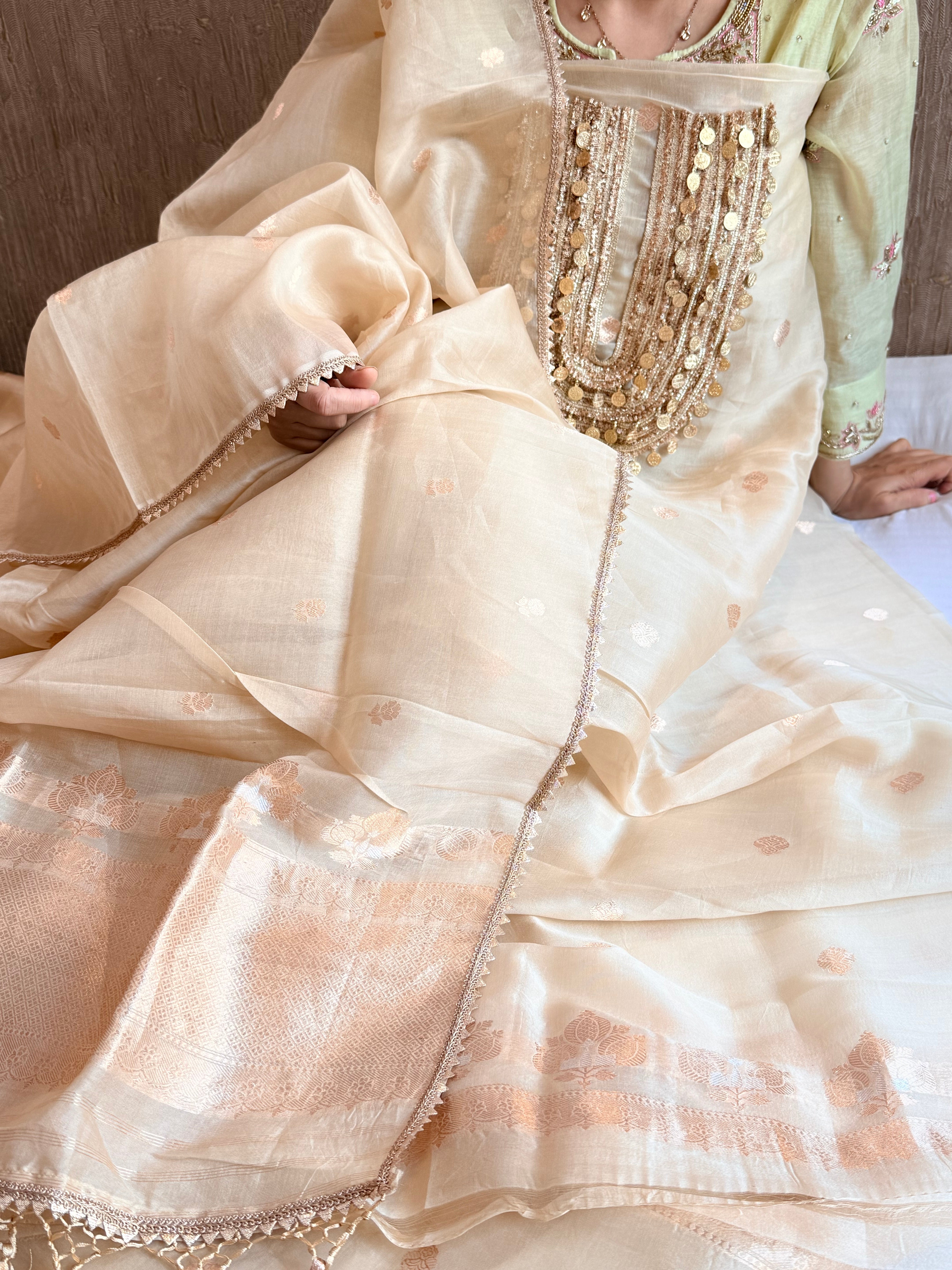 Coinwork banarasi kora silk kadhwa buti champagne gold suit set