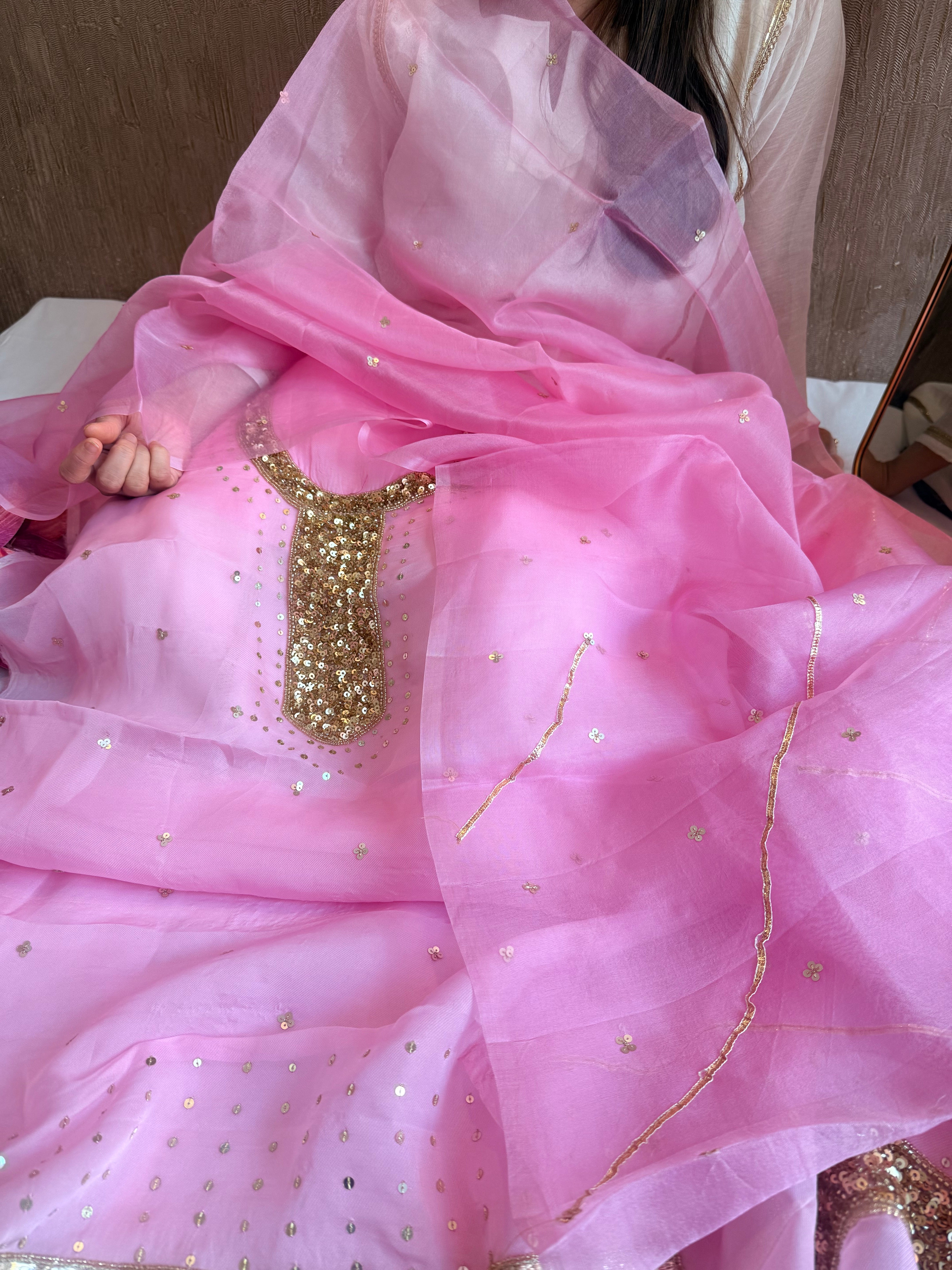 Blush lotus pink kora silk hand embroidered kadhwa suit set