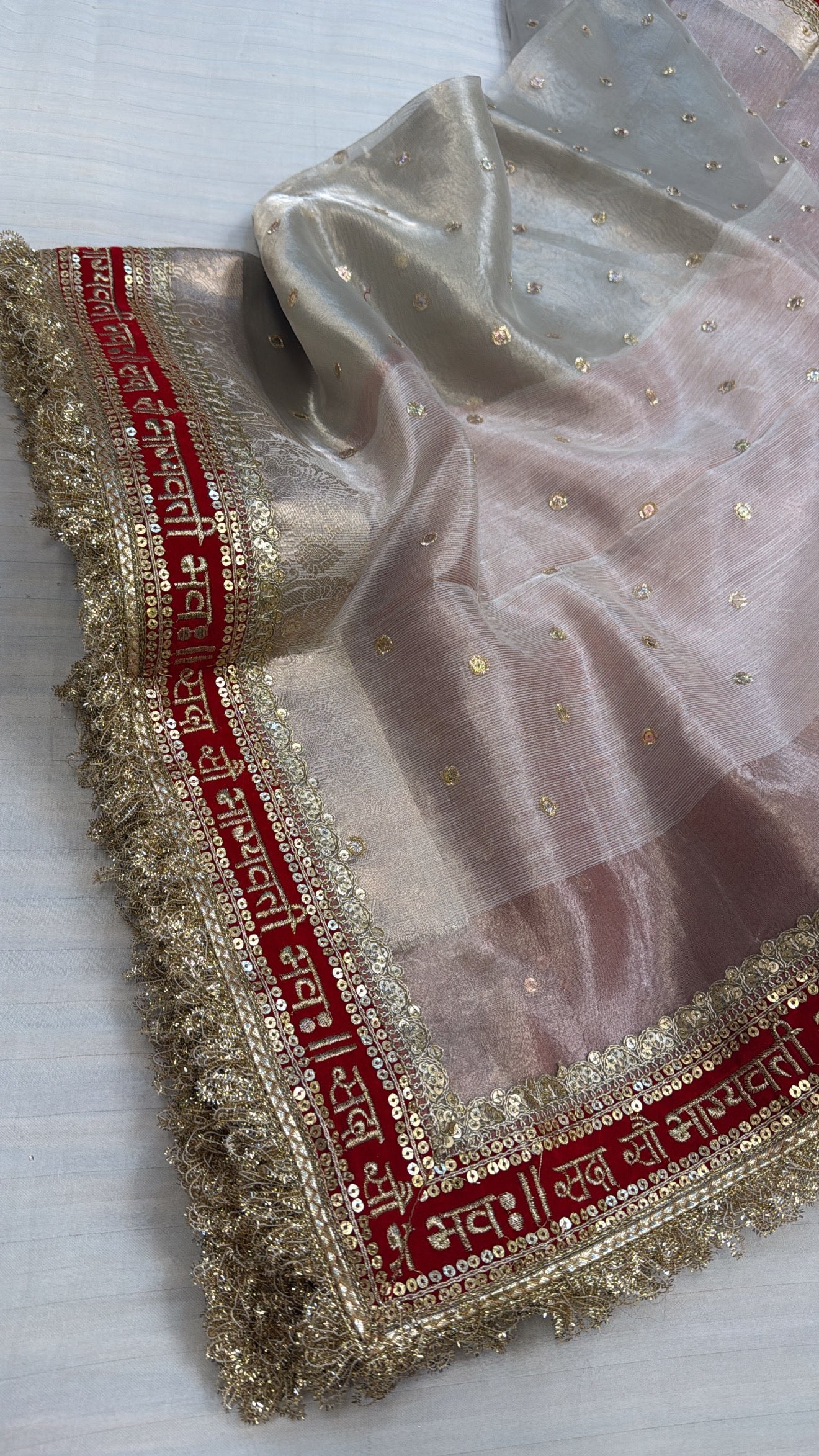“Sada saubhagyawati” border panetar tissue silk white-red border kadhwa saree