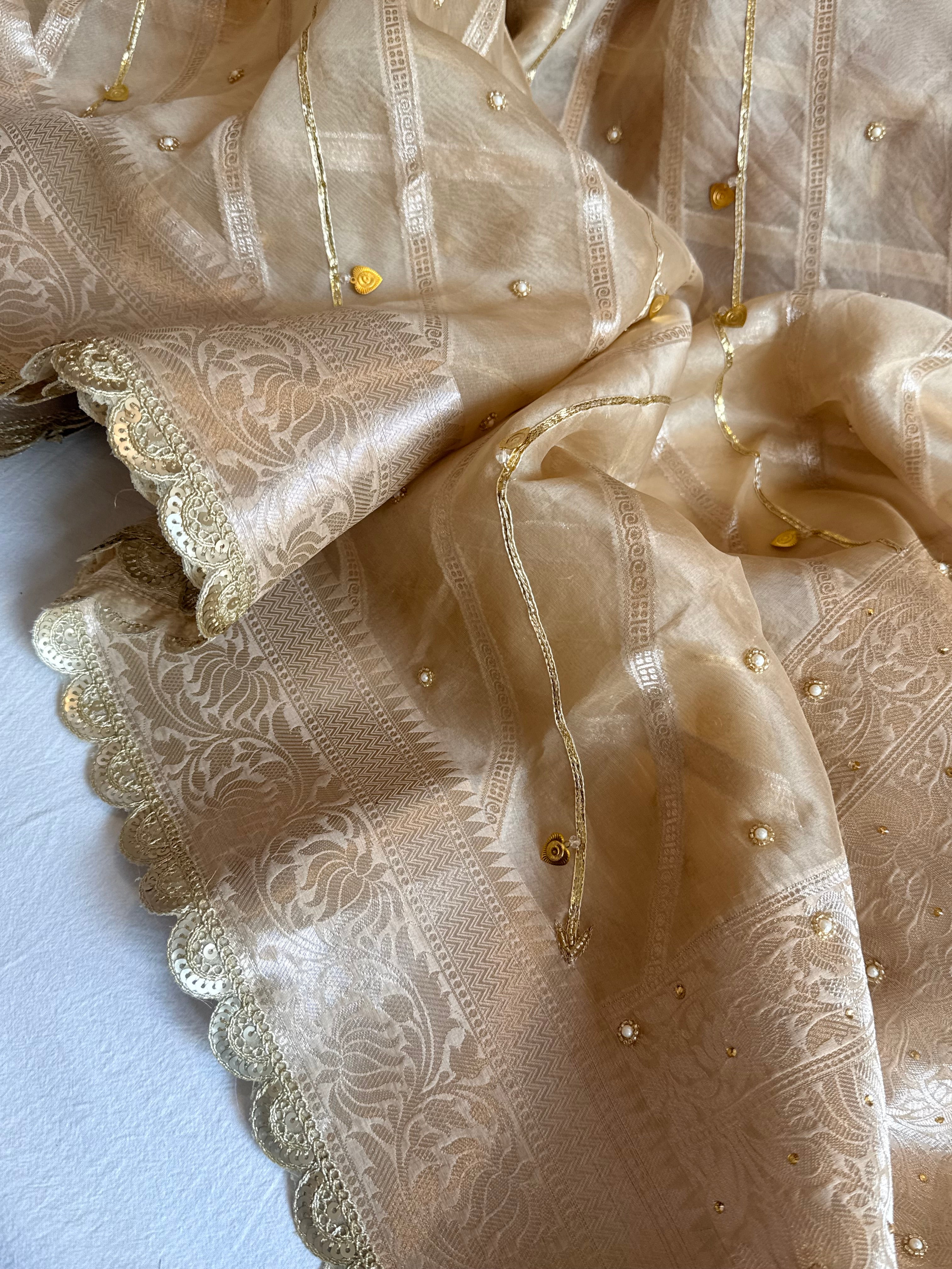 Kora silk kadhwa striped gotapatti work hand embroidered saree
