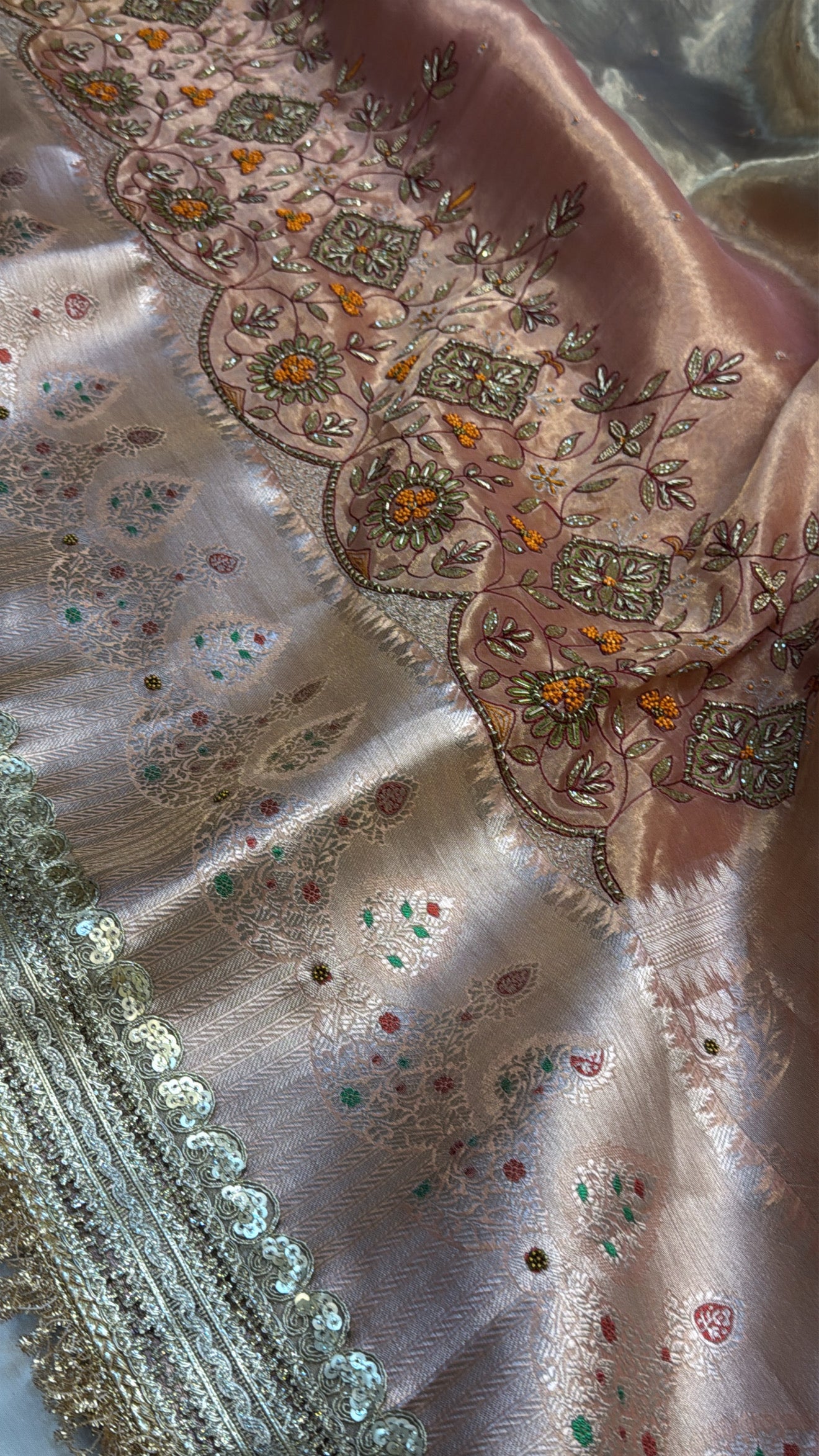 Blush peach tissue silk hand embroidered meenakari saree