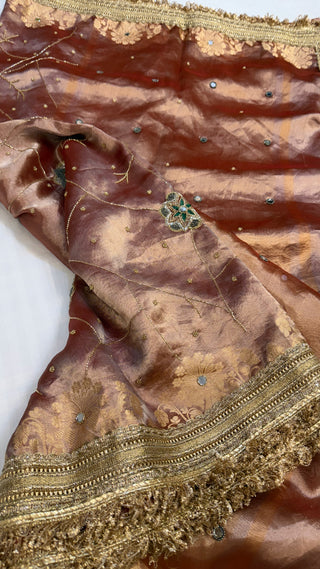Cocktail wali saree - English peach tissue silk hand embroidered saree